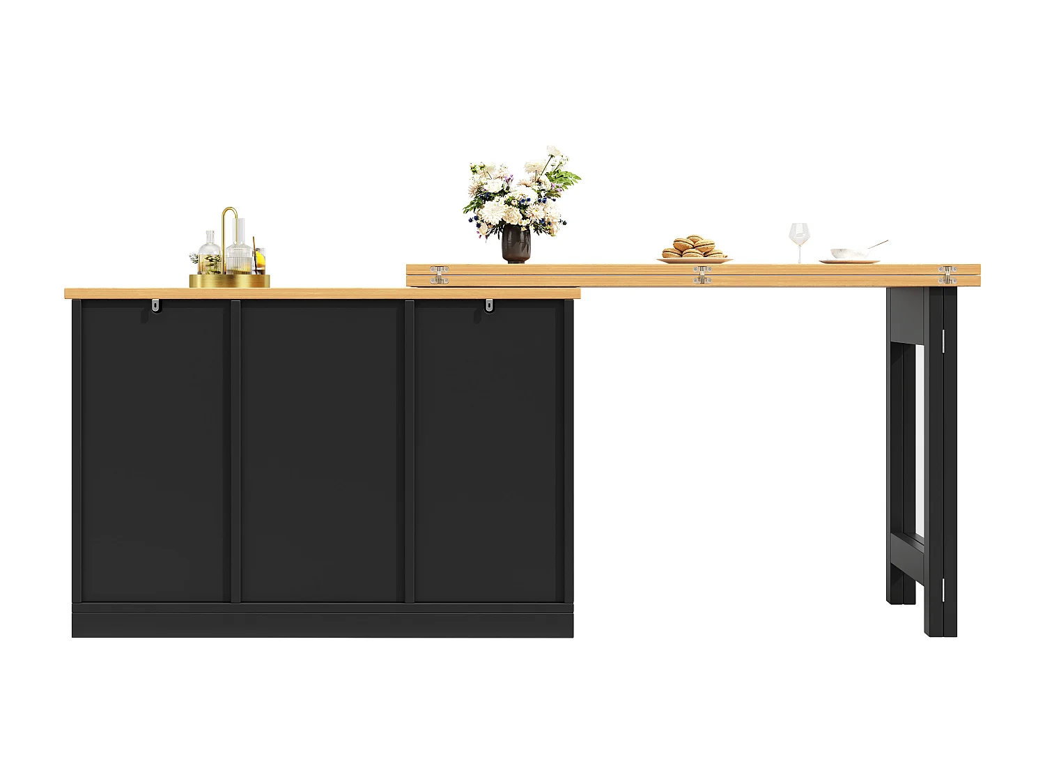 Extendable kitchen bar unit - 360° rotation - large table - 180x79.5x71.5cm - 2 drawers and 2 doors - 3 wine racks - Black