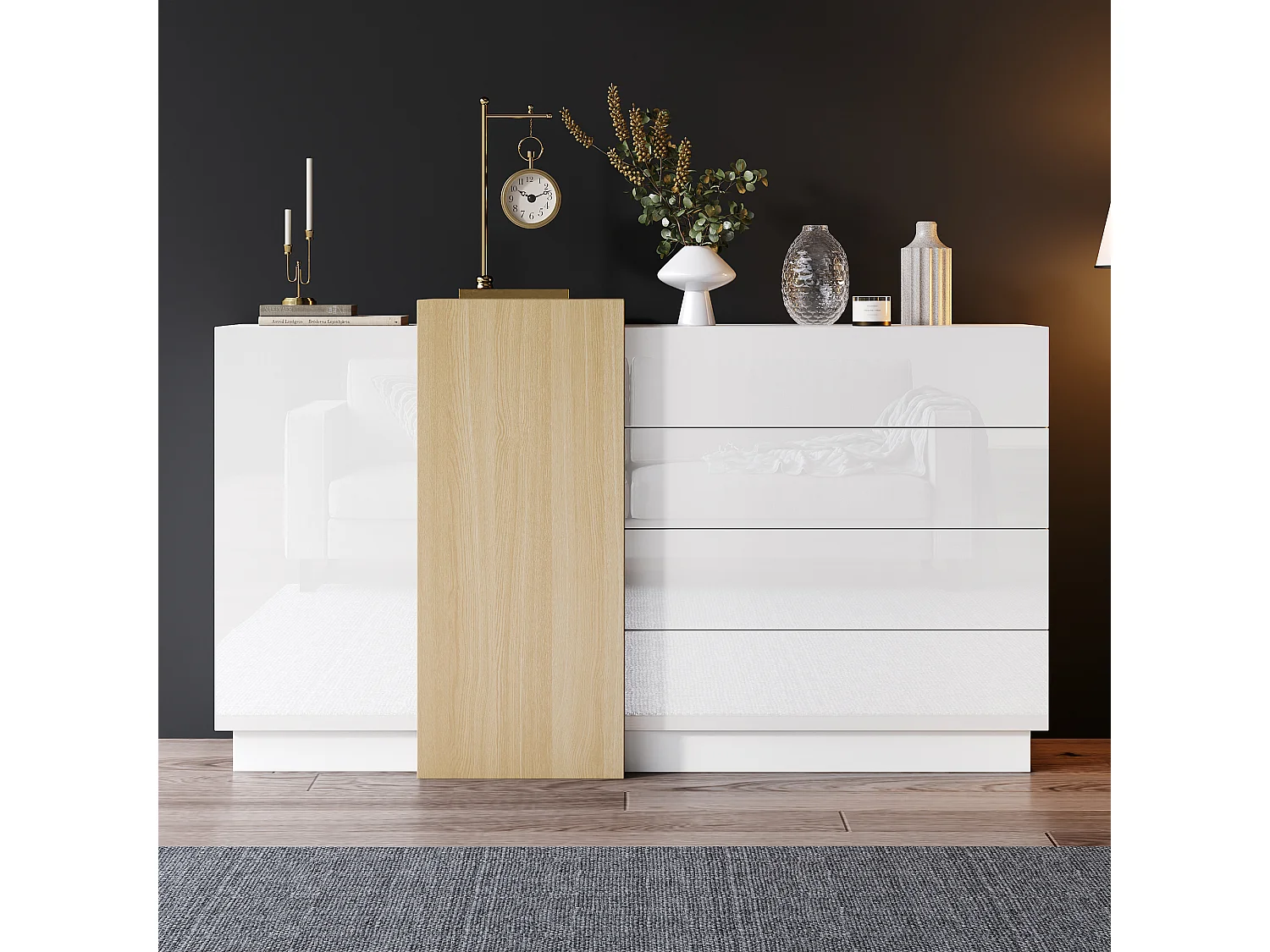 Glossy sideboard 140x35x81cm - with 2 doors - with 4 drawers - MDF - white