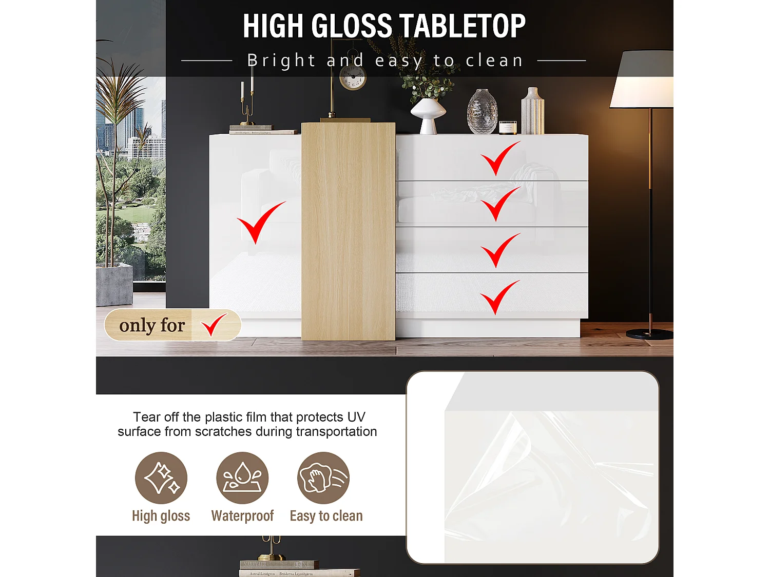 Glossy sideboard 140x35x81cm - with 2 doors - with 4 drawers - MDF - white