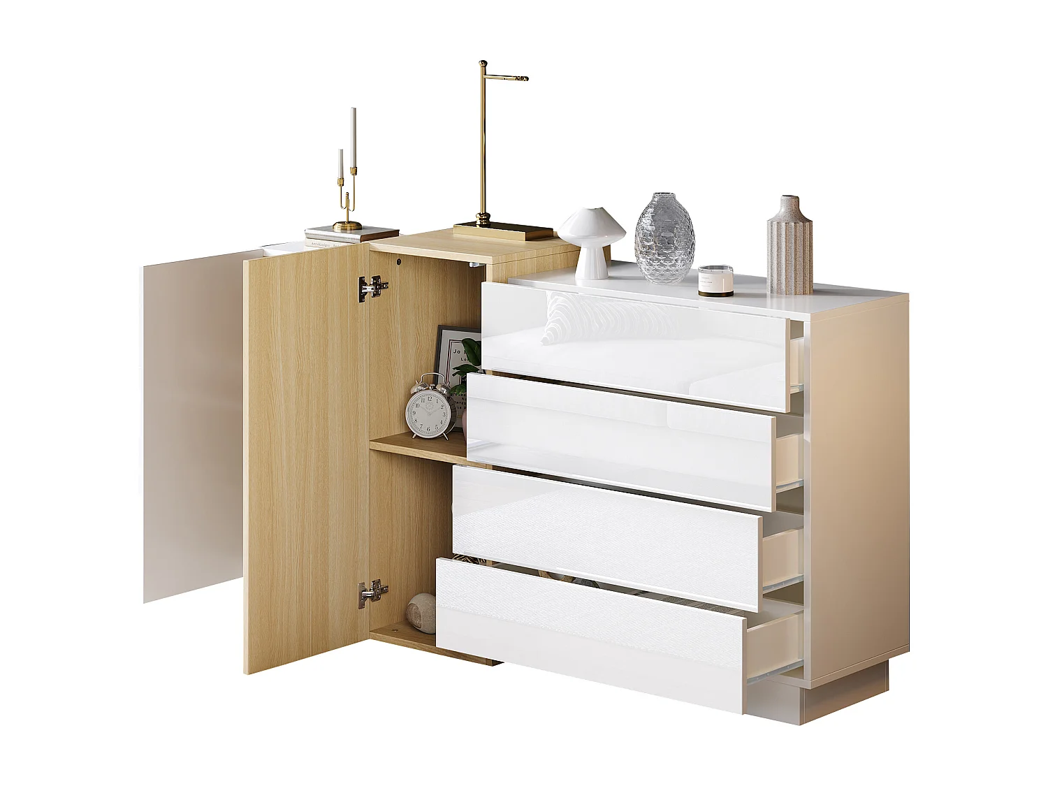 Glossy sideboard 140x35x81cm - with 2 doors - with 4 drawers - MDF - white