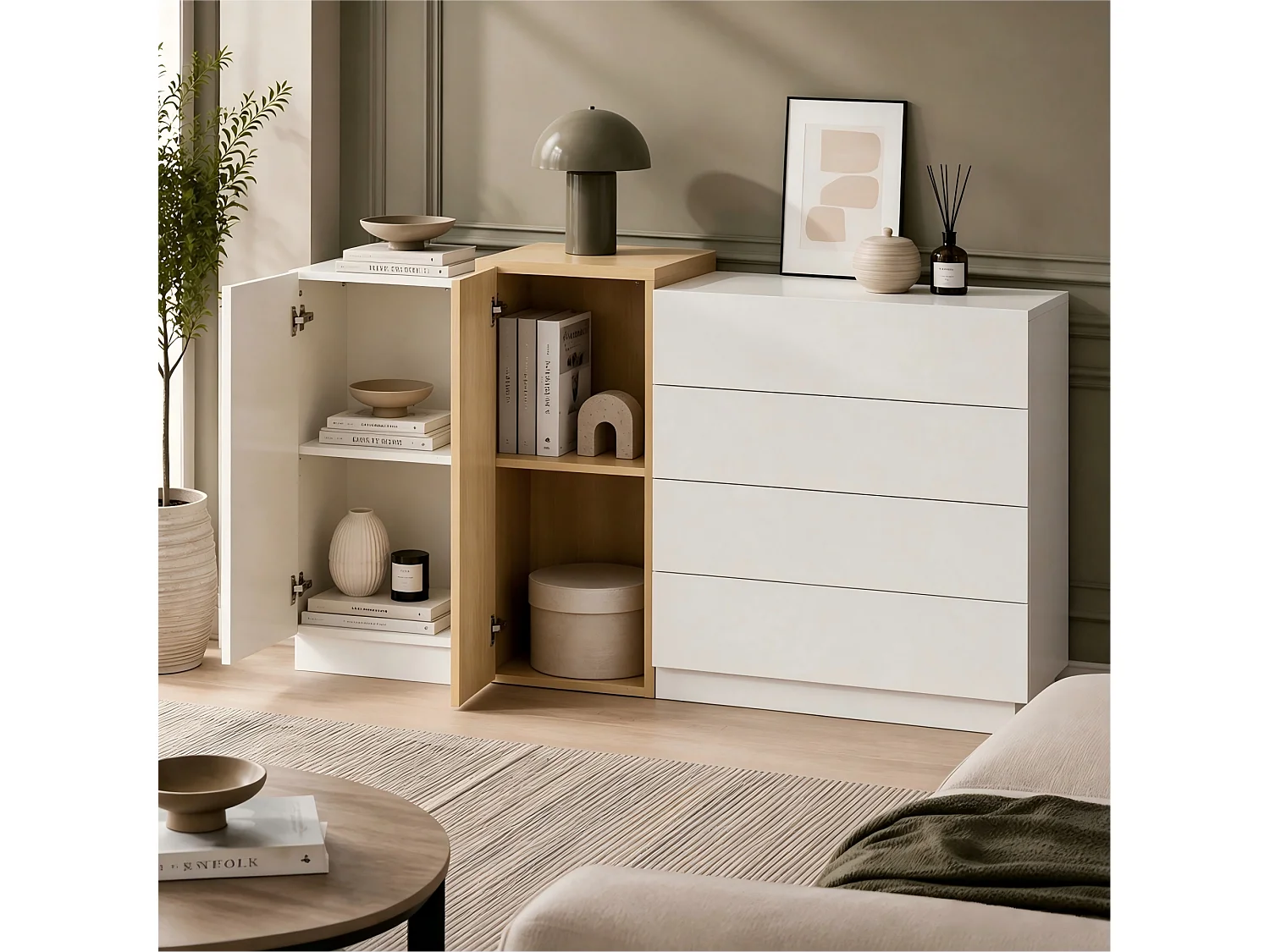 Glossy sideboard 140x35x81cm - with 2 doors - with 4 drawers - MDF - white