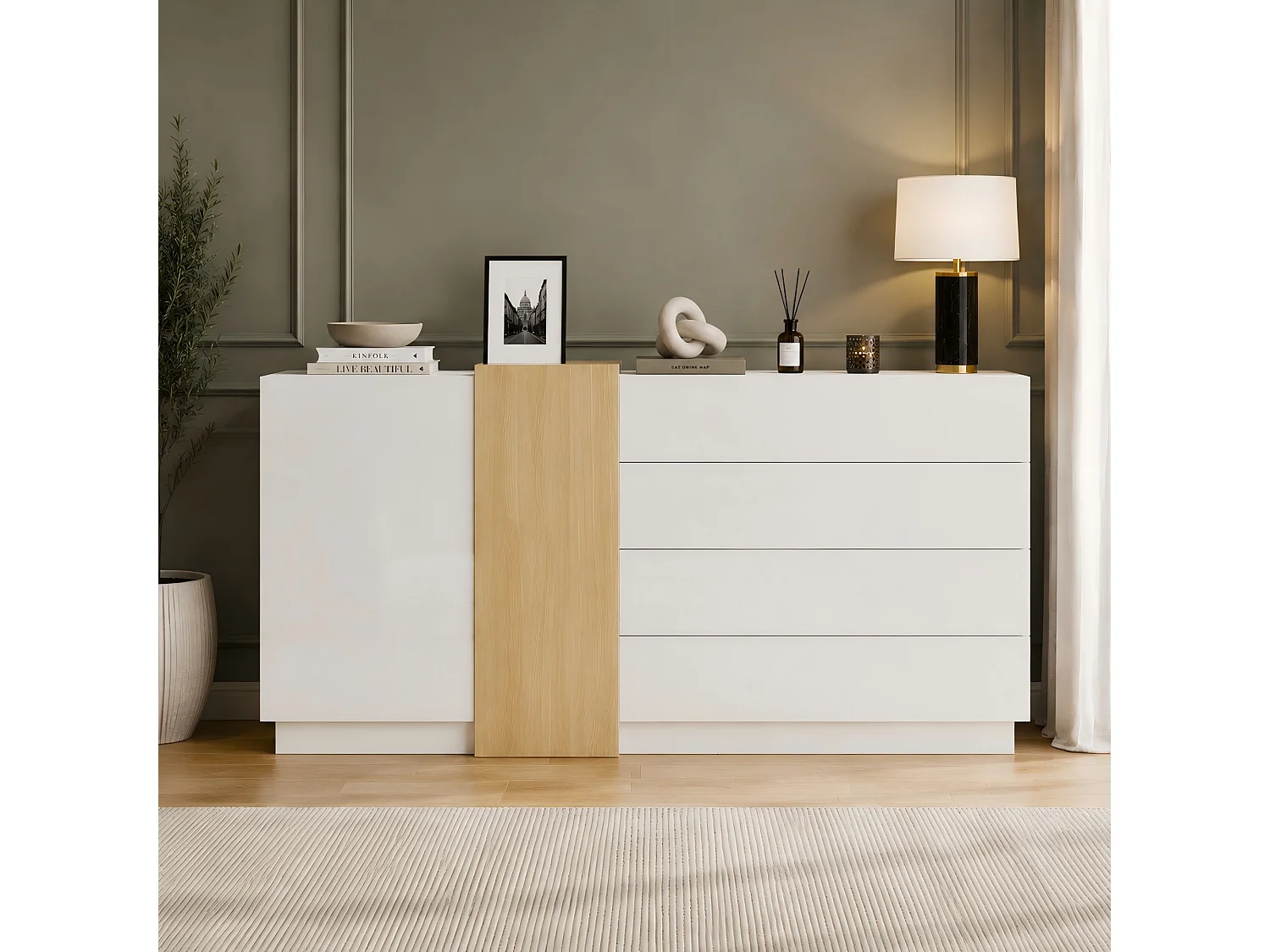 Glossy sideboard 140x35x81cm - with 2 doors - with 4 drawers - MDF - white