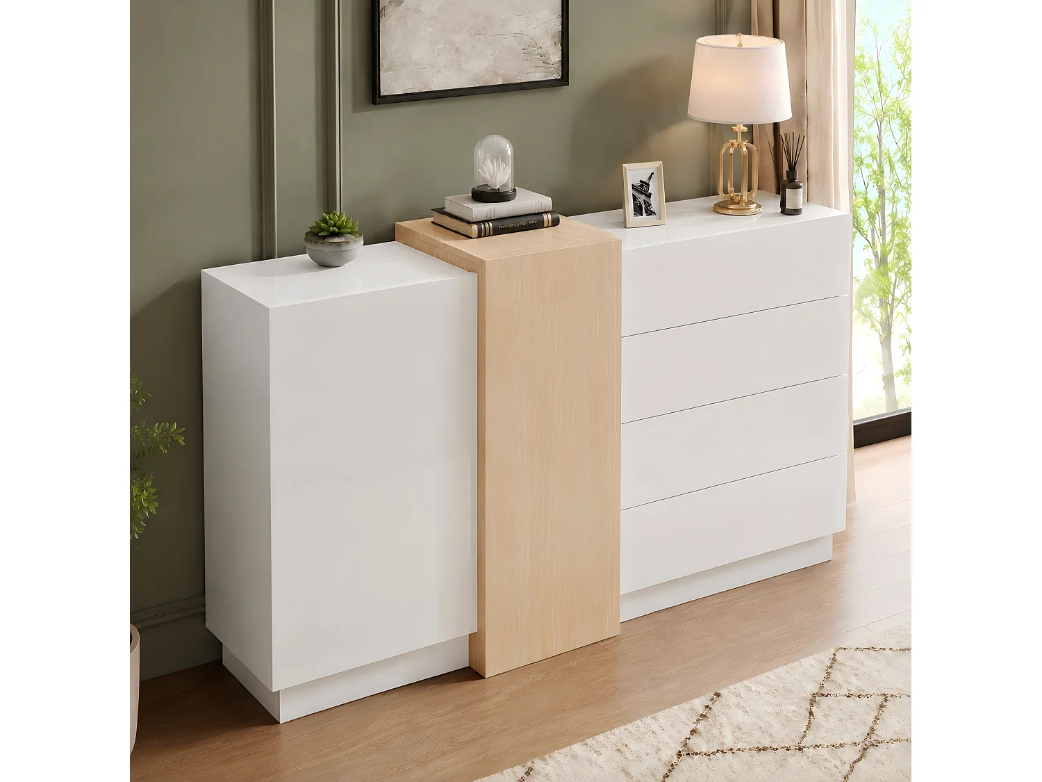 Glossy sideboard 140x35x81cm - with 2 doors - with 4 drawers - MDF - white