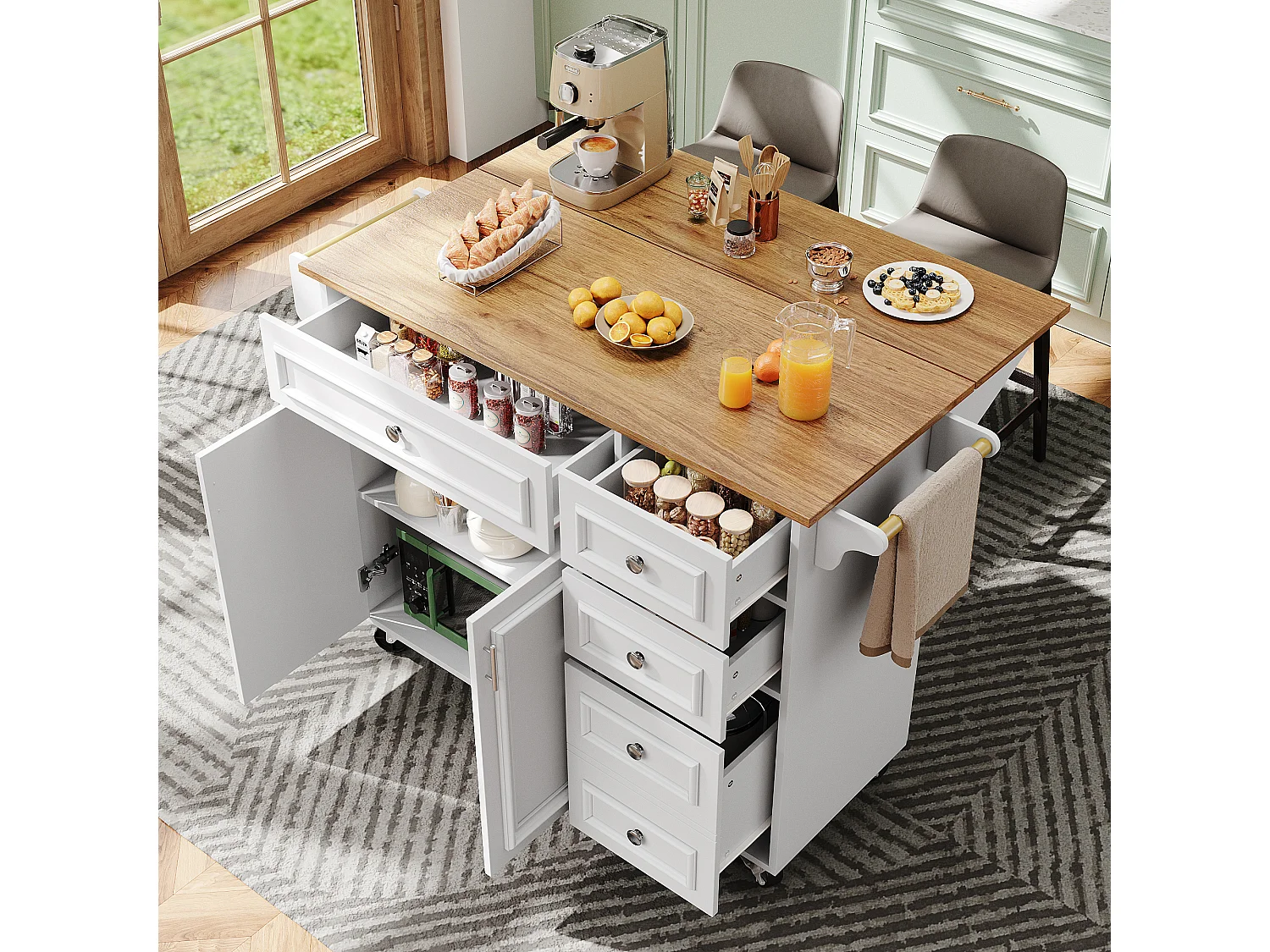Modern kitchen island 130x45x92cm - 5 drawers and 2 doors - extendable top - with casters - White