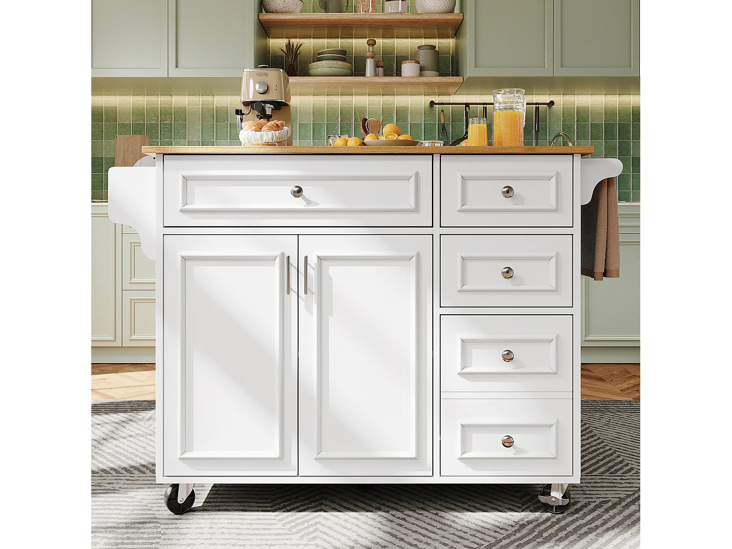 Modern kitchen island 130x45x92cm - 5 drawers and 2 doors - extendable top - with casters - White