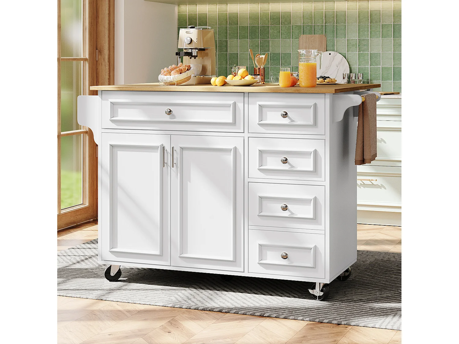 Modern kitchen island 130x45x92cm - 5 drawers and 2 doors - extendable top - with casters - White