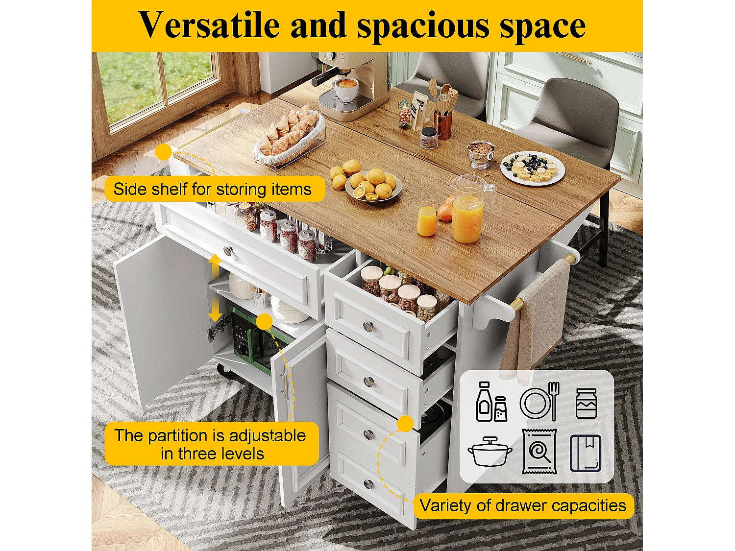 Modern kitchen island 130x45x92cm - 5 drawers and 2 doors - extendable top - with casters - White