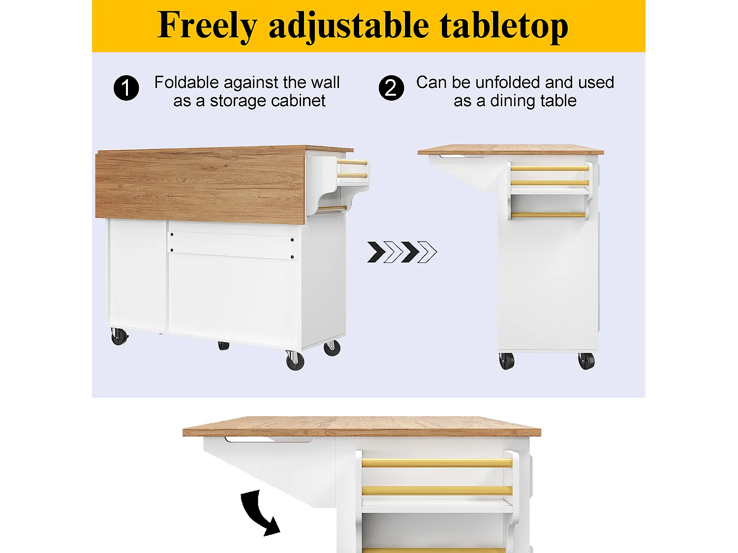 Modern kitchen island 130x45x92cm - 5 drawers and 2 doors - extendable top - with casters - White