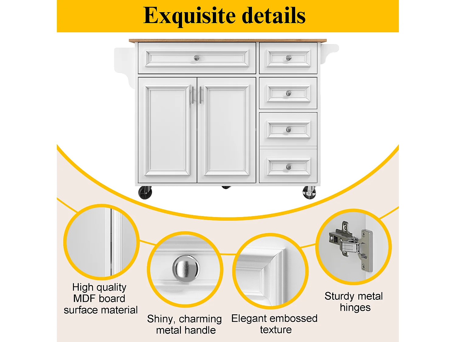 Modern kitchen island 130x45x92cm - 5 drawers and 2 doors - extendable top - with casters - White