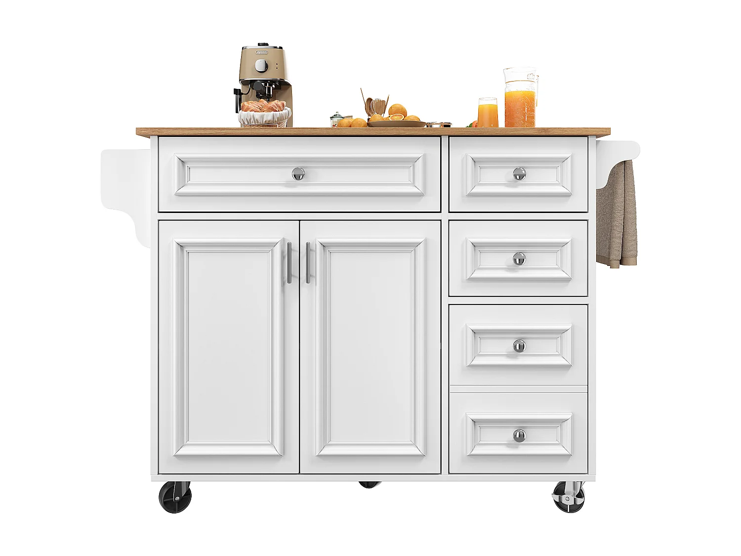 Modern kitchen island 130x45x92cm - 5 drawers and 2 doors - extendable top - with casters - White