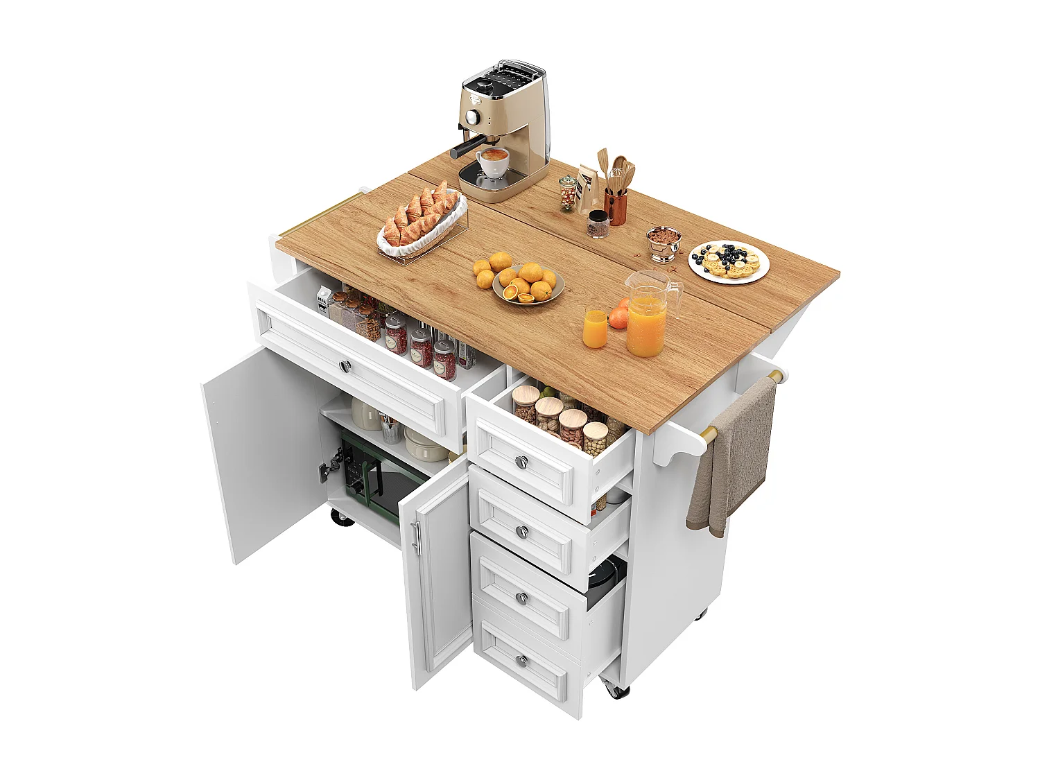 Modern kitchen island 130x45x92cm - 5 drawers and 2 doors - extendable top - with casters - White