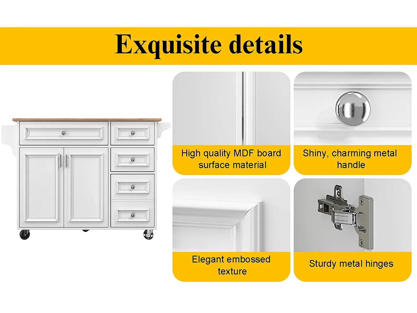 Modern kitchen island 130x45x92cm - 5 drawers and 2 doors - extendable top - with casters - White