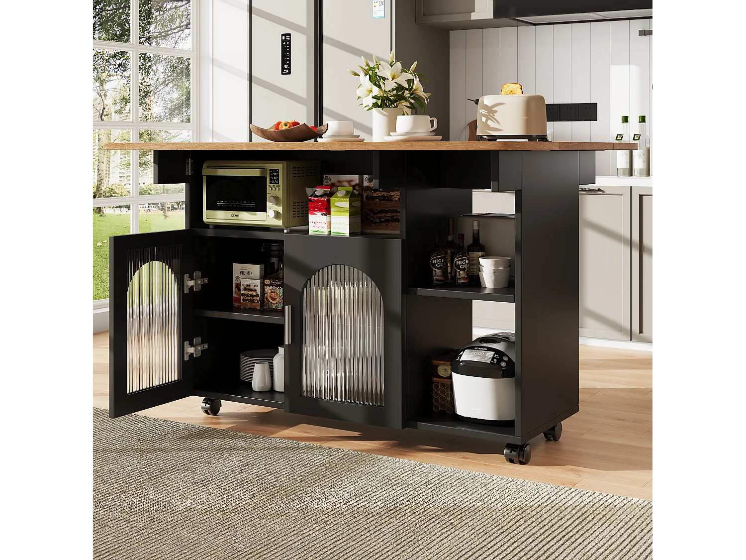 Kitchen island - rolling cart with extendable top - 2 doors and 3 open compartments - Black