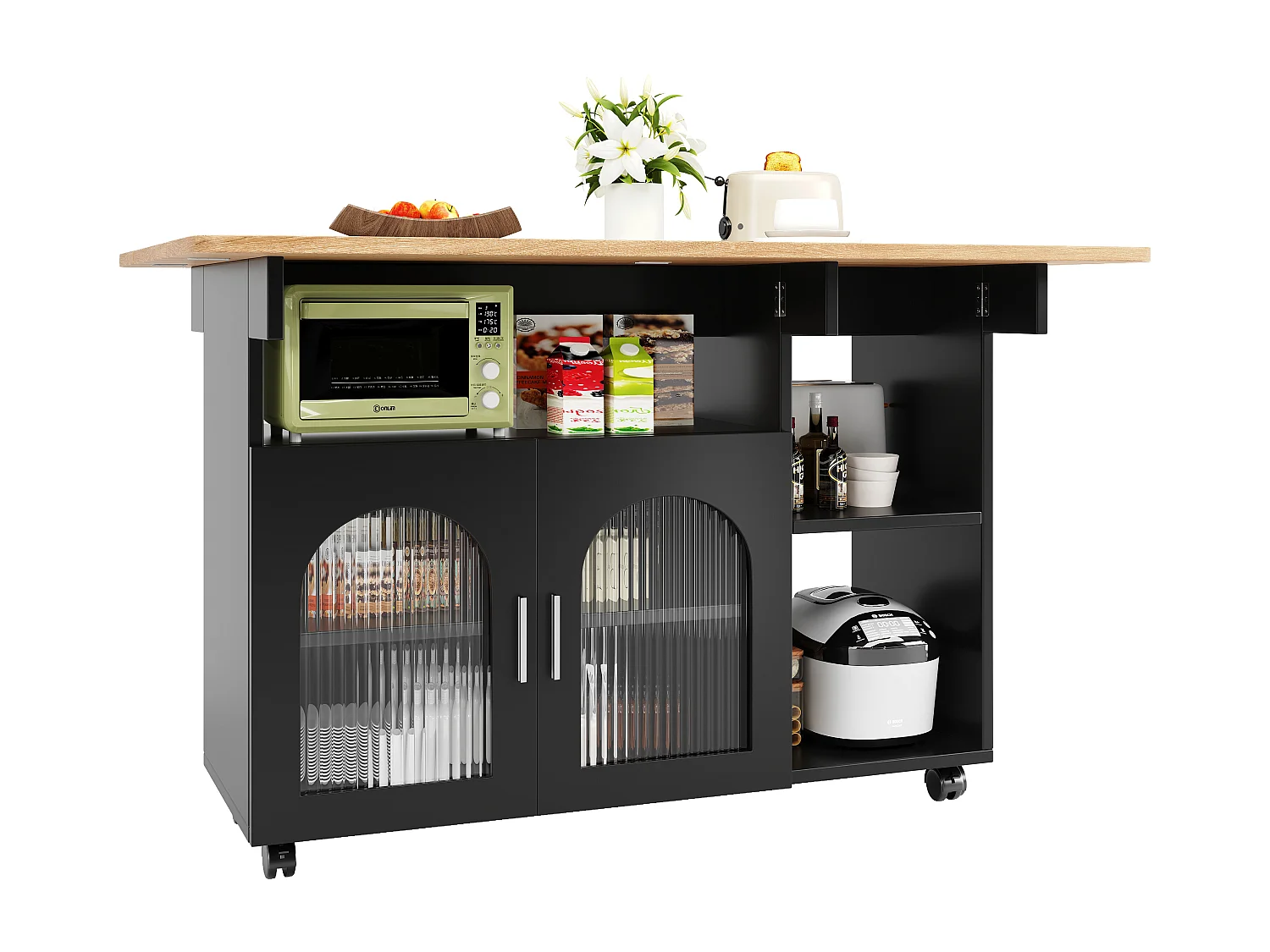 Kitchen island - rolling cart with extendable top - 2 doors and 3 open compartments - Black