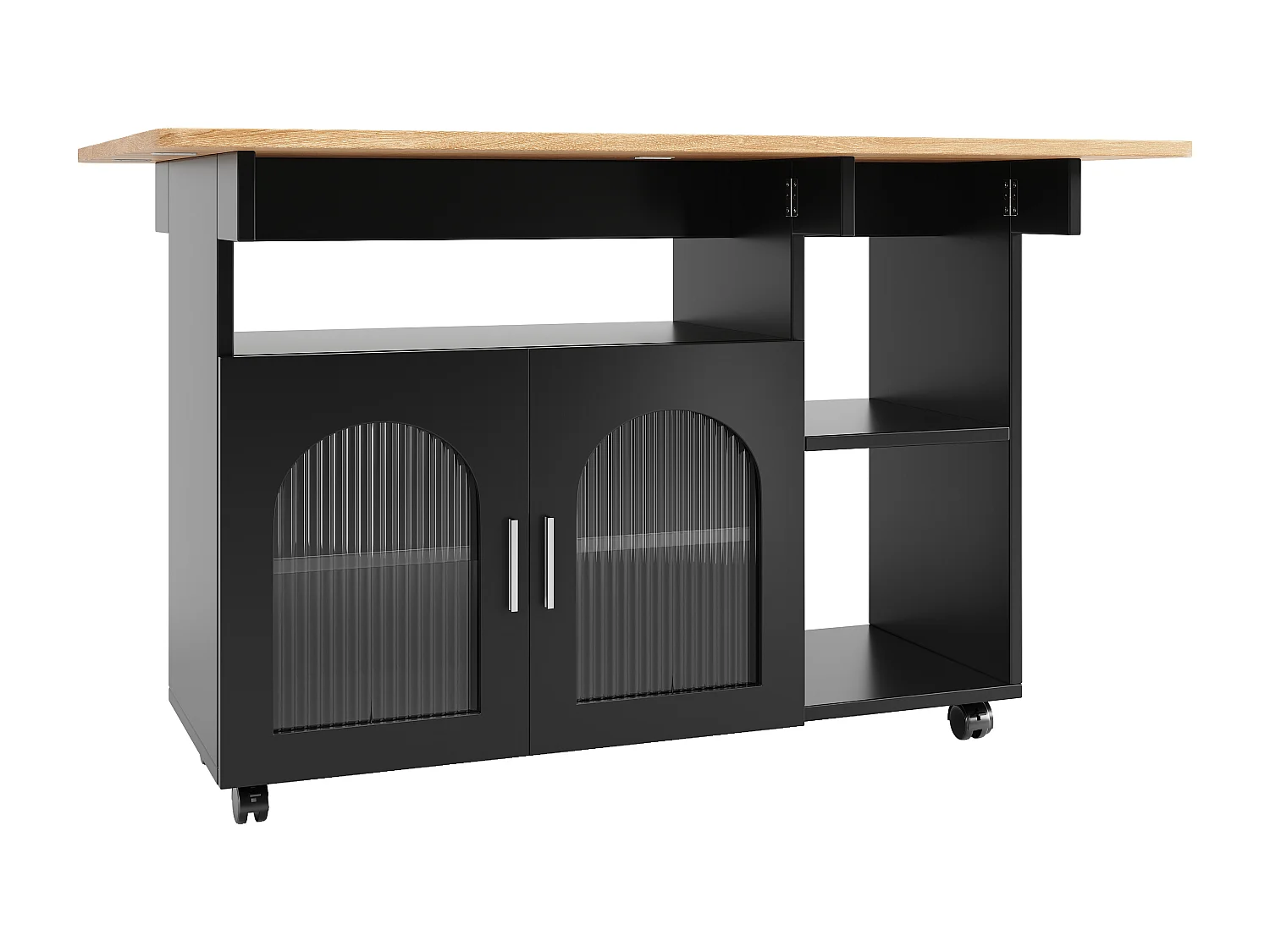 Kitchen island - rolling cart with extendable top - 2 doors and 3 open compartments - Black