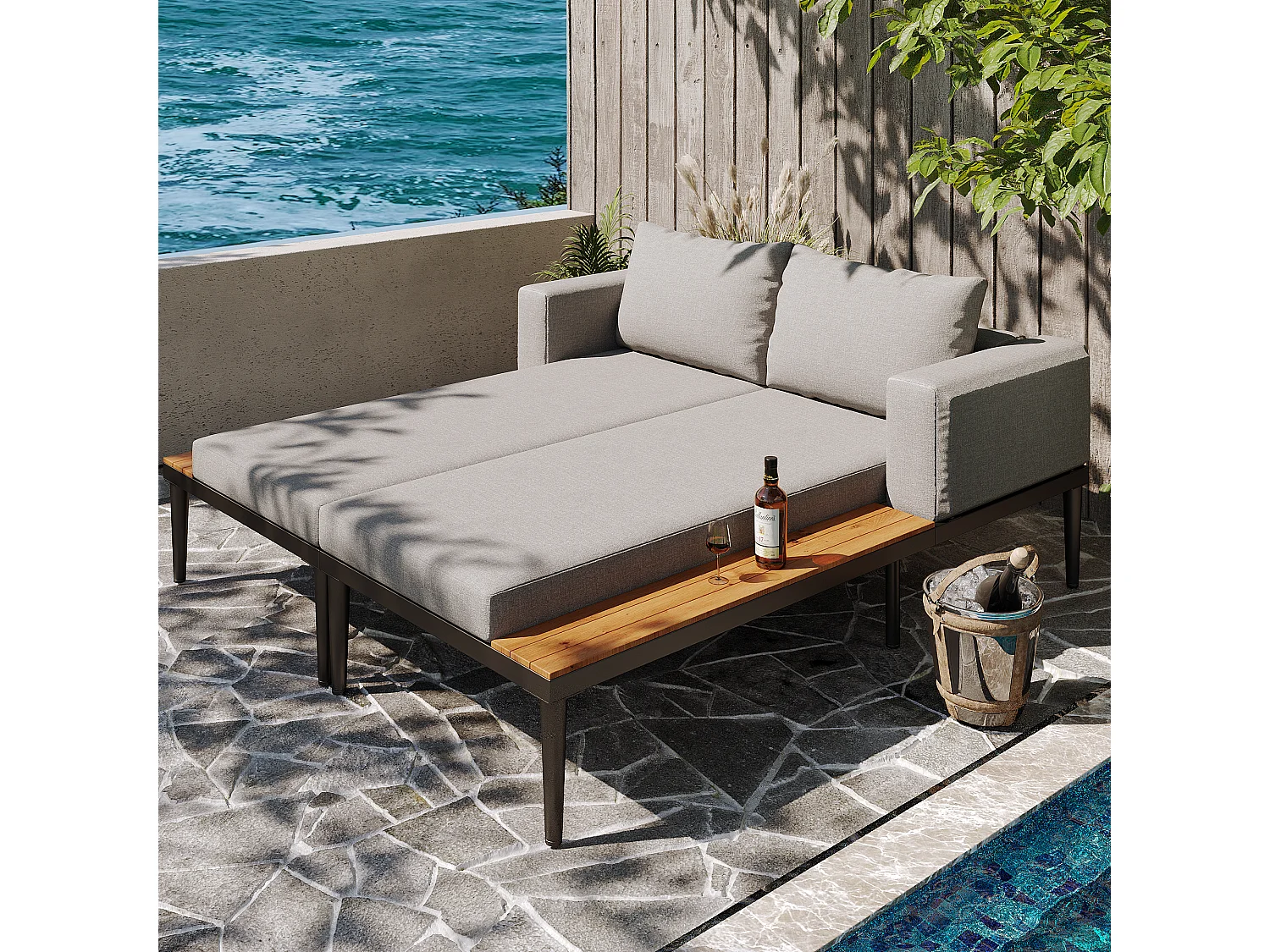 Double Sofa Bed for Outdoor Patio 150x140x30cm - Waterproof Multifunctional Sofa Bed - With Shelf - Metal, Polyester - Grey