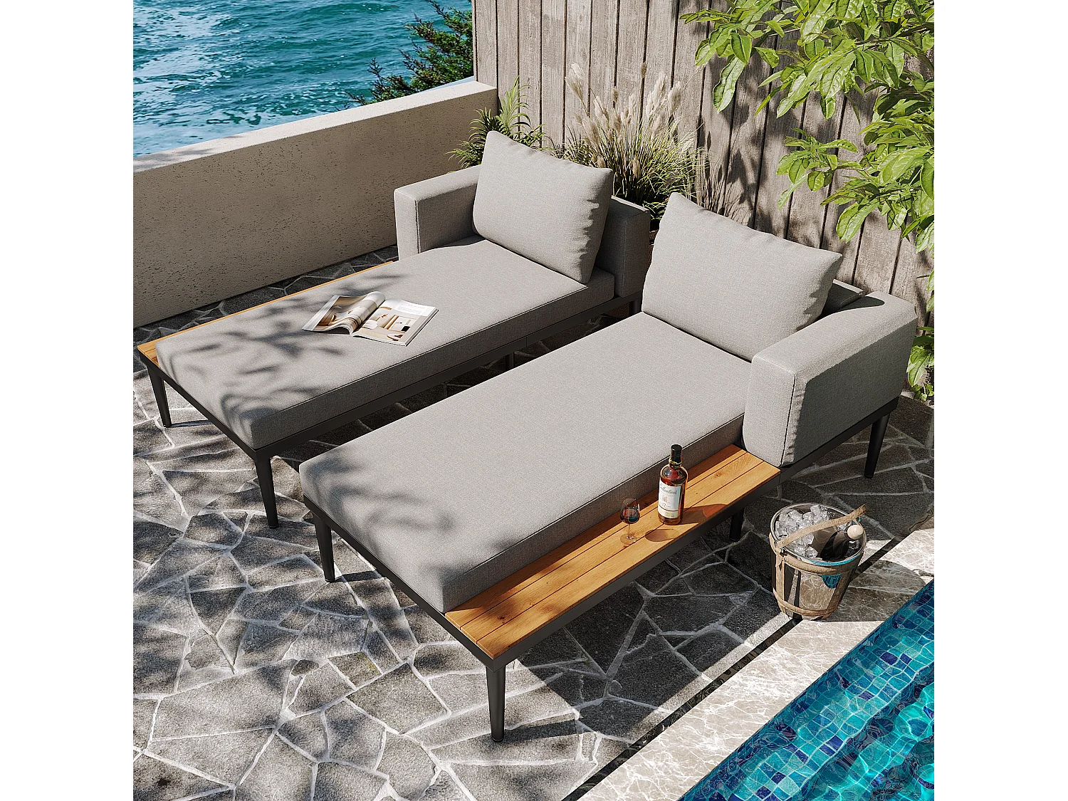 Double Sofa Bed for Outdoor Patio 150x140x30cm - Waterproof Multifunctional Sofa Bed - With Shelf - Metal, Polyester - Grey
