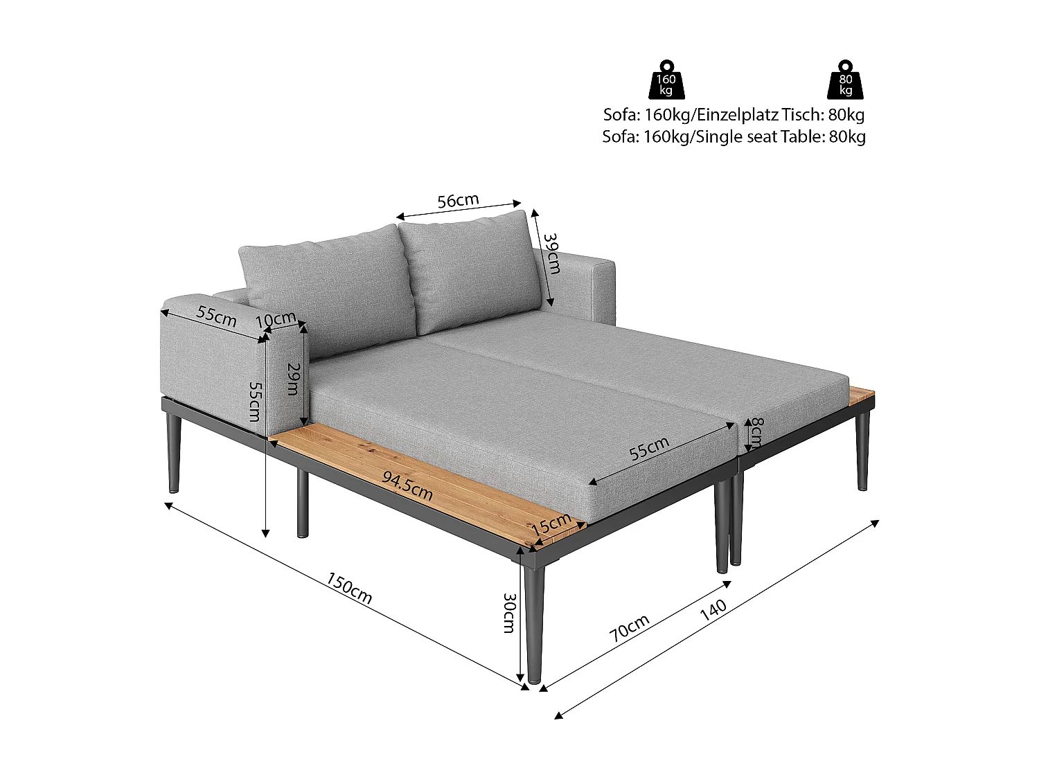 Double Sofa Bed for Outdoor Patio 150x140x30cm - Waterproof Multifunctional Sofa Bed - With Shelf - Metal, Polyester - Grey