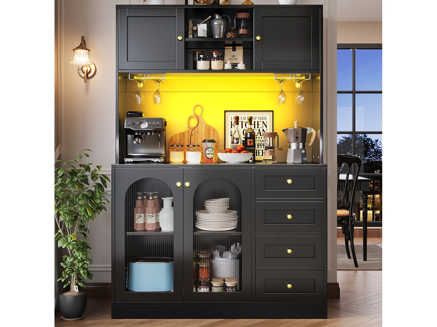 Kitchen Sideboard 120x188cm with LED, Fluted Glass, Drink & Snack Holder, 4 Doors and Gold Handles - Black