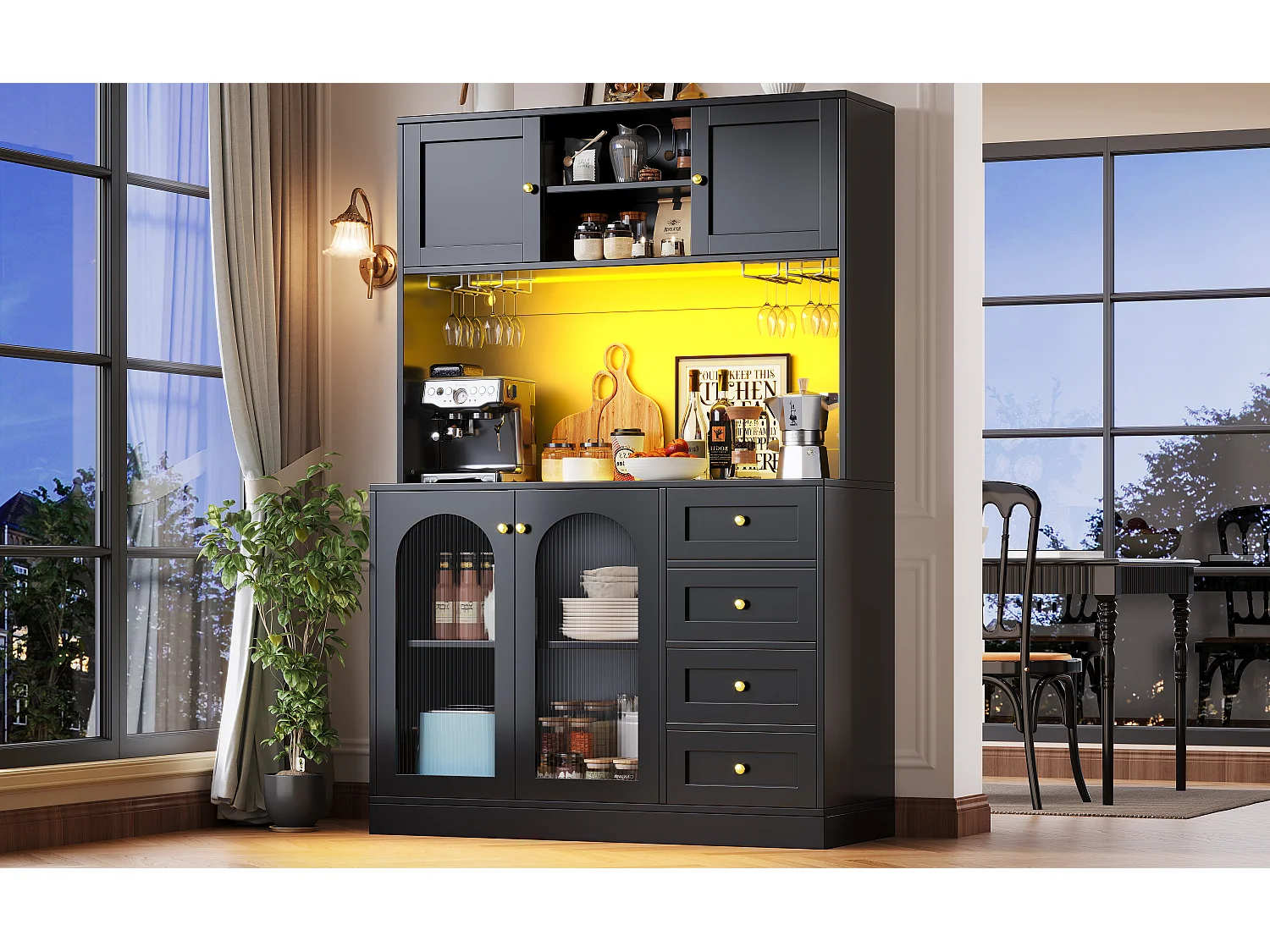 Kitchen Sideboard 120x188cm with LED, Fluted Glass, Drink & Snack Holder, 4 Doors and Gold Handles - Black