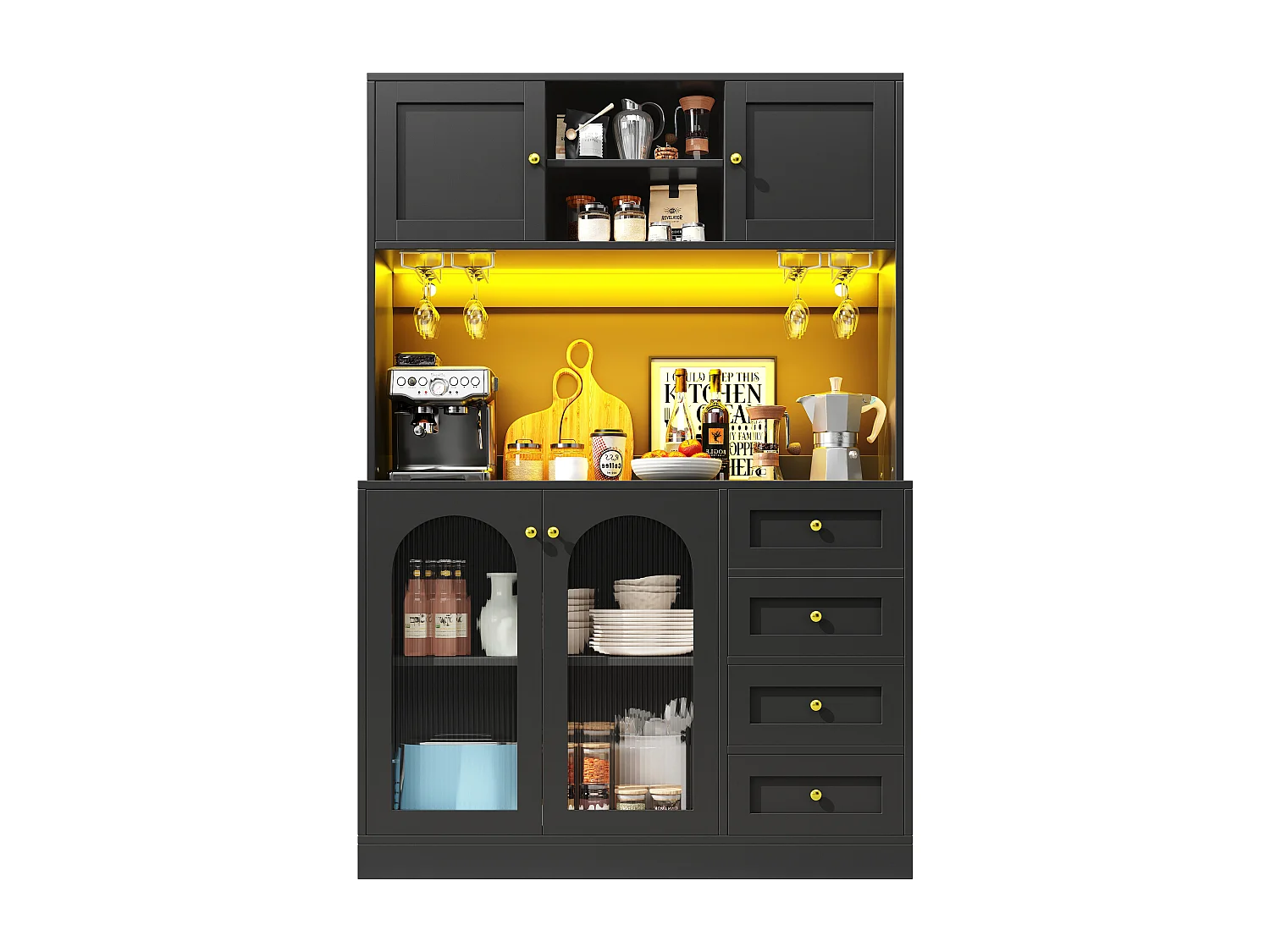 Kitchen Sideboard 120x188cm with LED, Fluted Glass, Drink & Snack Holder, 4 Doors and Gold Handles - Black