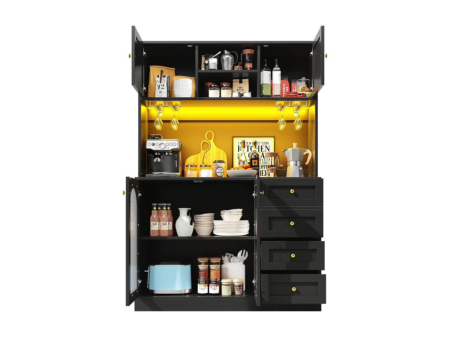 Kitchen Sideboard 120x188cm with LED, Fluted Glass, Drink & Snack Holder, 4 Doors and Gold Handles - Black