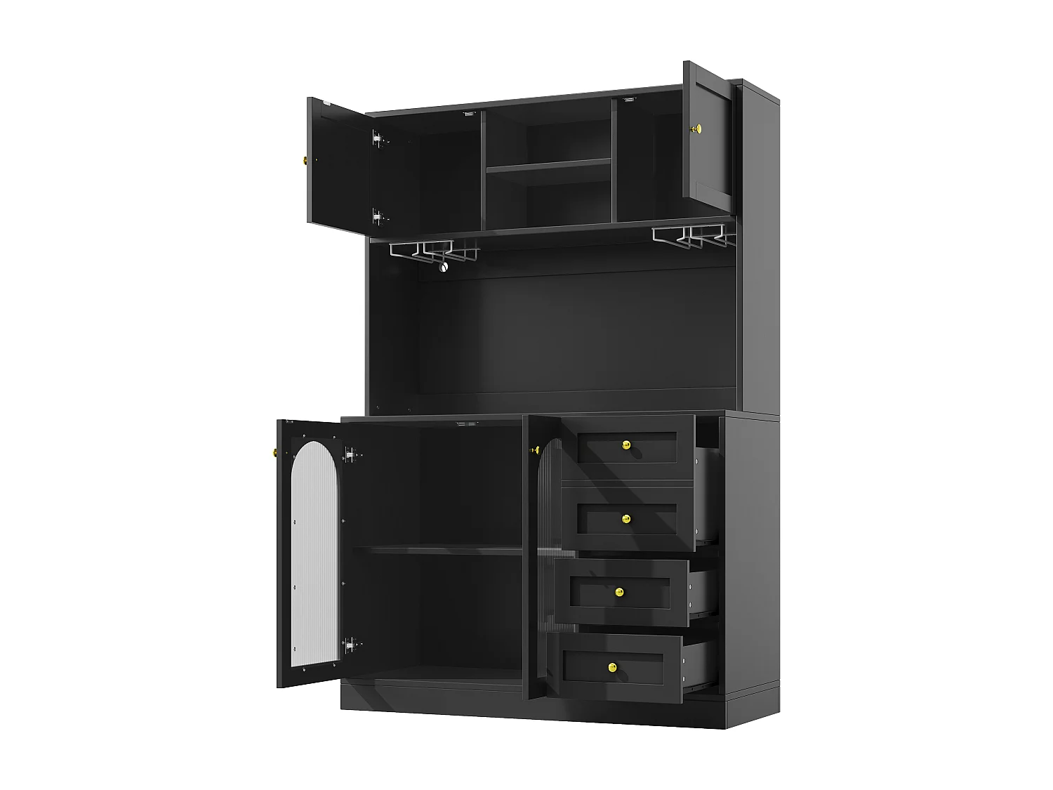 Kitchen Sideboard 120x188cm with LED, Fluted Glass, Drink & Snack Holder, 4 Doors and Gold Handles - Black