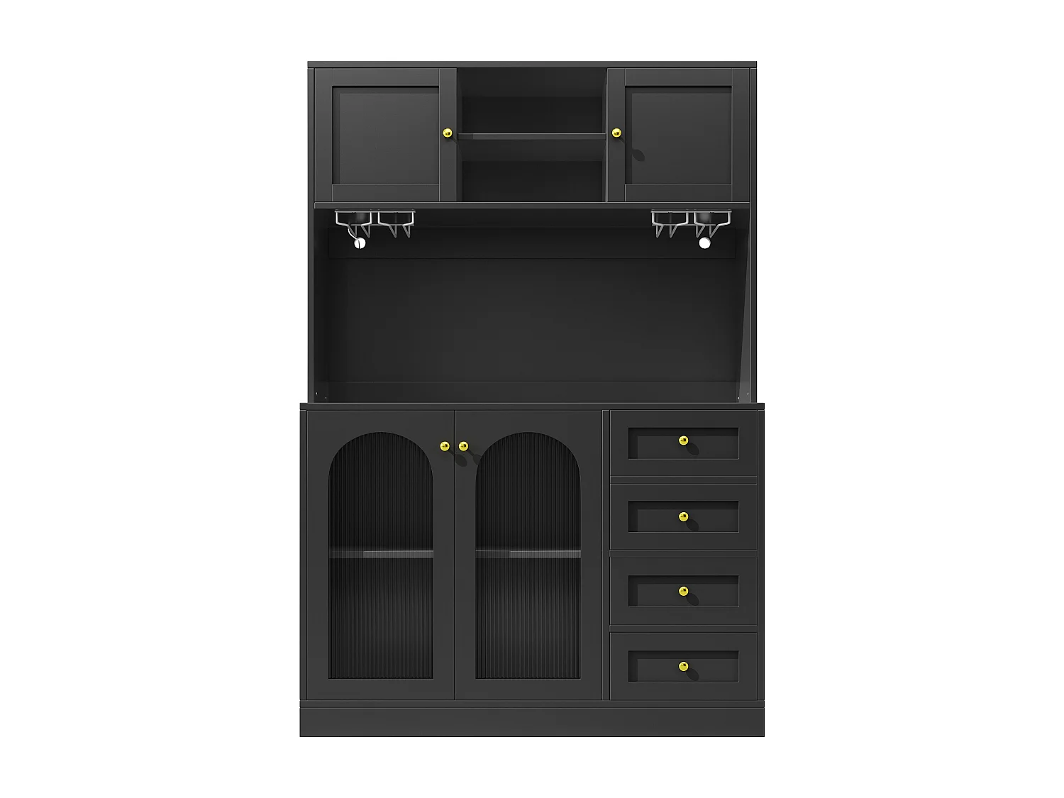 Kitchen Sideboard 120x188cm with LED, Fluted Glass, Drink & Snack Holder, 4 Doors and Gold Handles - Black