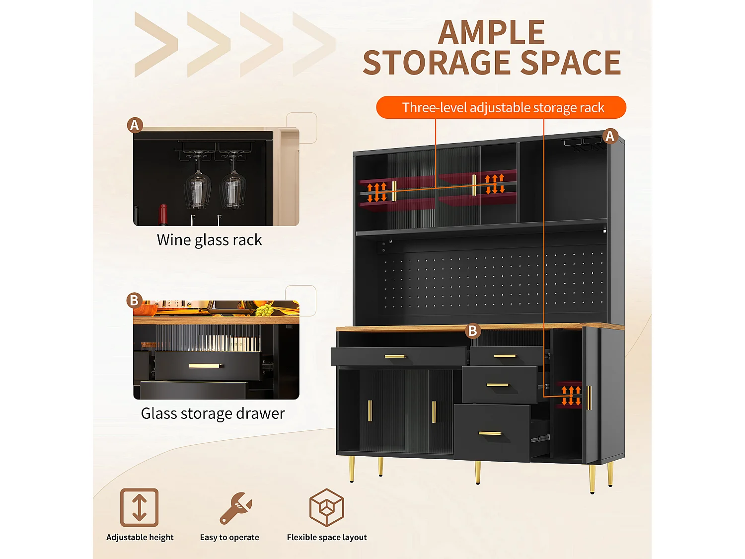Kitchen sideboard 145x39x171 cm - 4 glass doors - 4 drawers - wine rack - with LED lighting - Black
