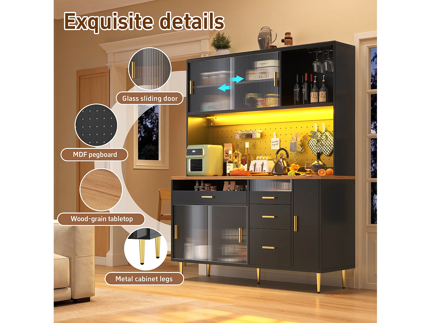 Kitchen sideboard 145x39x171 cm - 4 glass doors - 4 drawers - wine rack - with LED lighting - Black