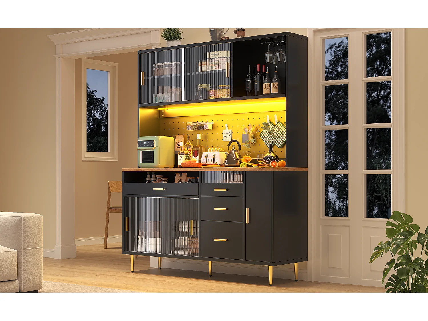 Kitchen sideboard 145x39x171 cm - 4 glass doors - 4 drawers - wine rack - with LED lighting - Black