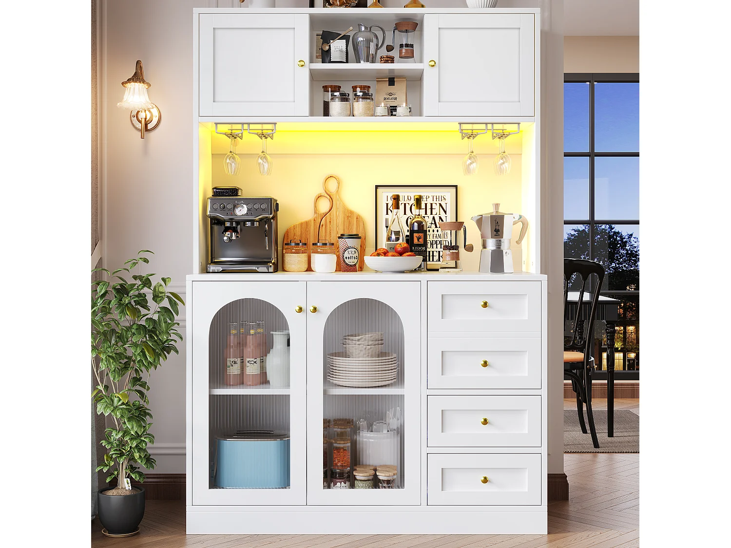 Kitchen Sideboard 120x188cm with LED, Fluted Glass, Drink & Snack Holder, 4 Doors and Gold Handles - White