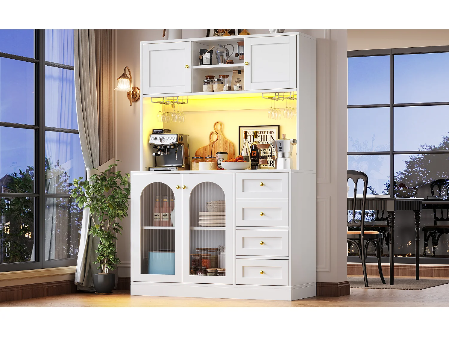 Kitchen Sideboard 120x188cm with LED, Fluted Glass, Drink & Snack Holder, 4 Doors and Gold Handles - White