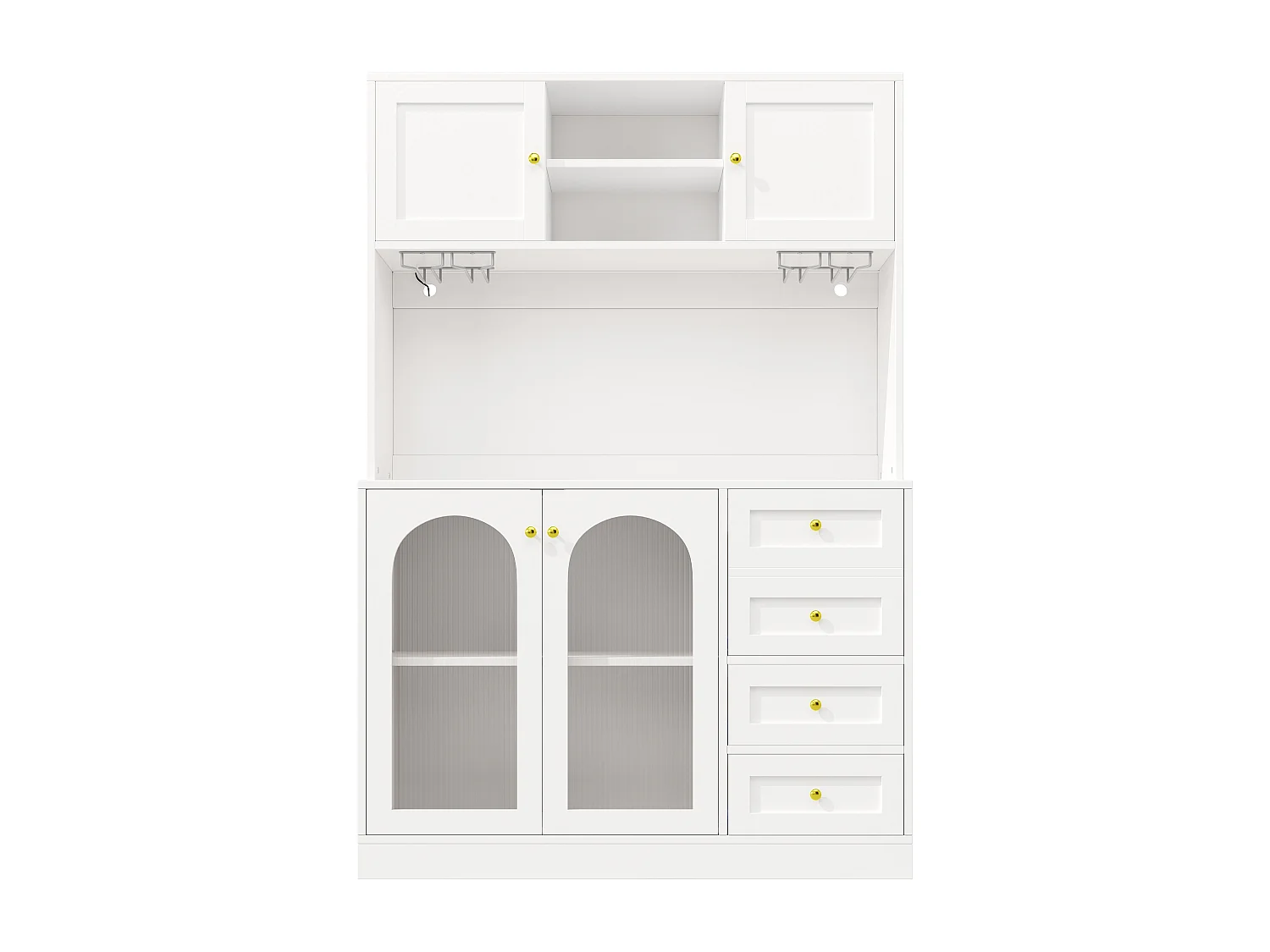 Kitchen Sideboard 120x188cm with LED, Fluted Glass, Drink & Snack Holder, 4 Doors and Gold Handles - White