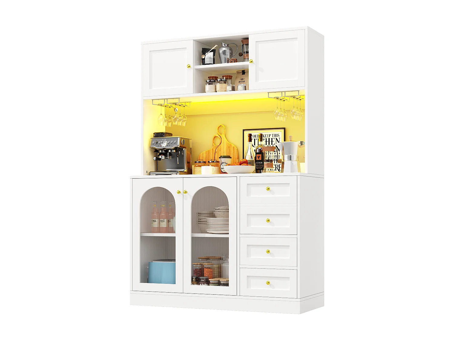 Kitchen Sideboard 120x188cm with LED, Fluted Glass, Drink & Snack Holder, 4 Doors and Gold Handles - White