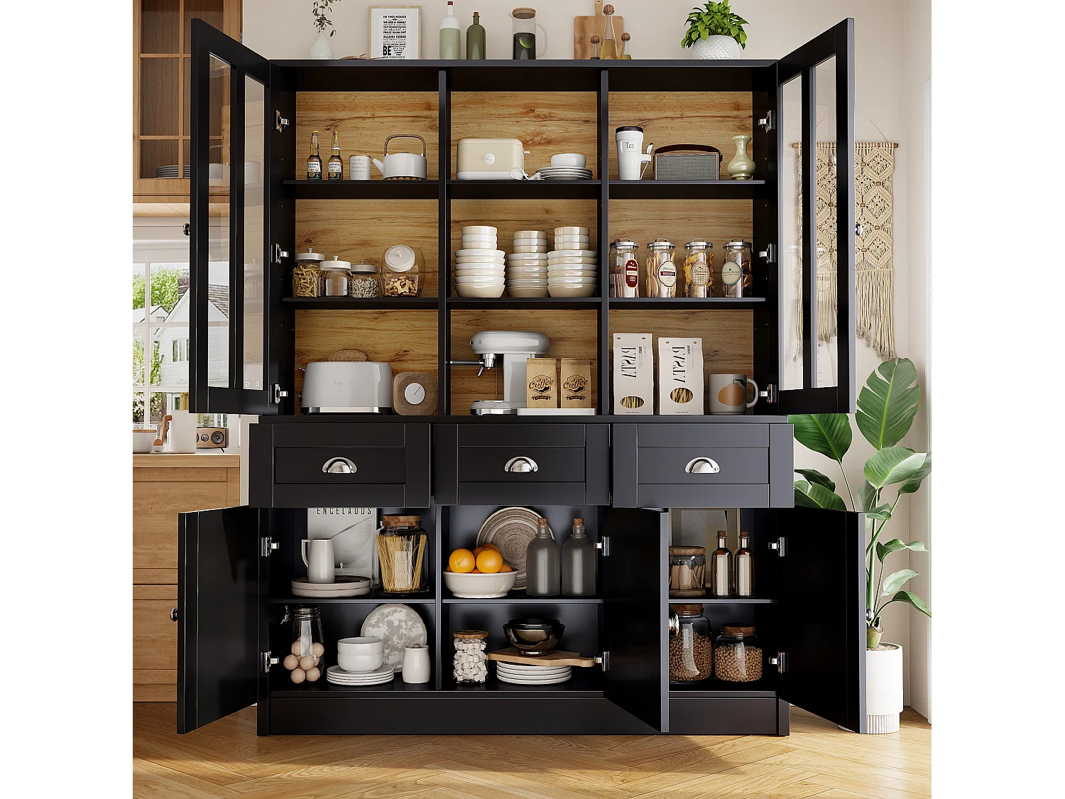 Modern kitchen sideboard 140x38.5x175 cm - 5 doors + 3 drawers + 9 shelves - black