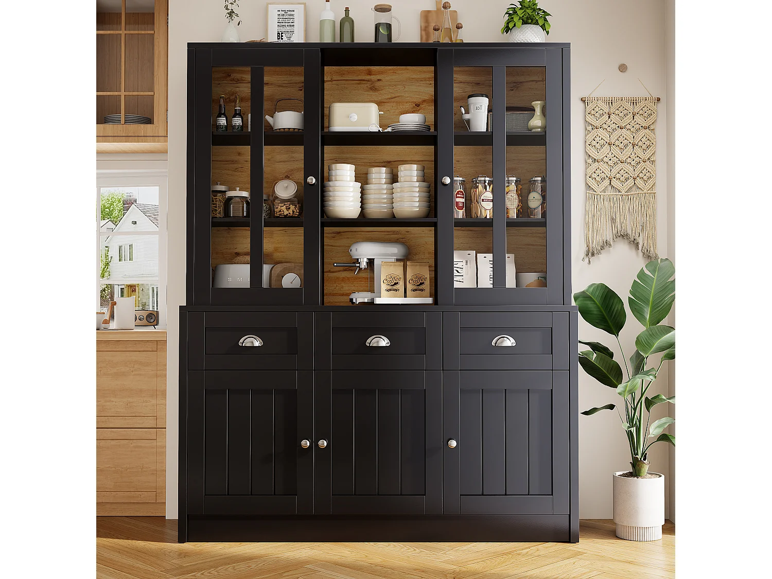 Modern kitchen sideboard 140x38.5x175 cm - 5 doors + 3 drawers + 9 shelves - black