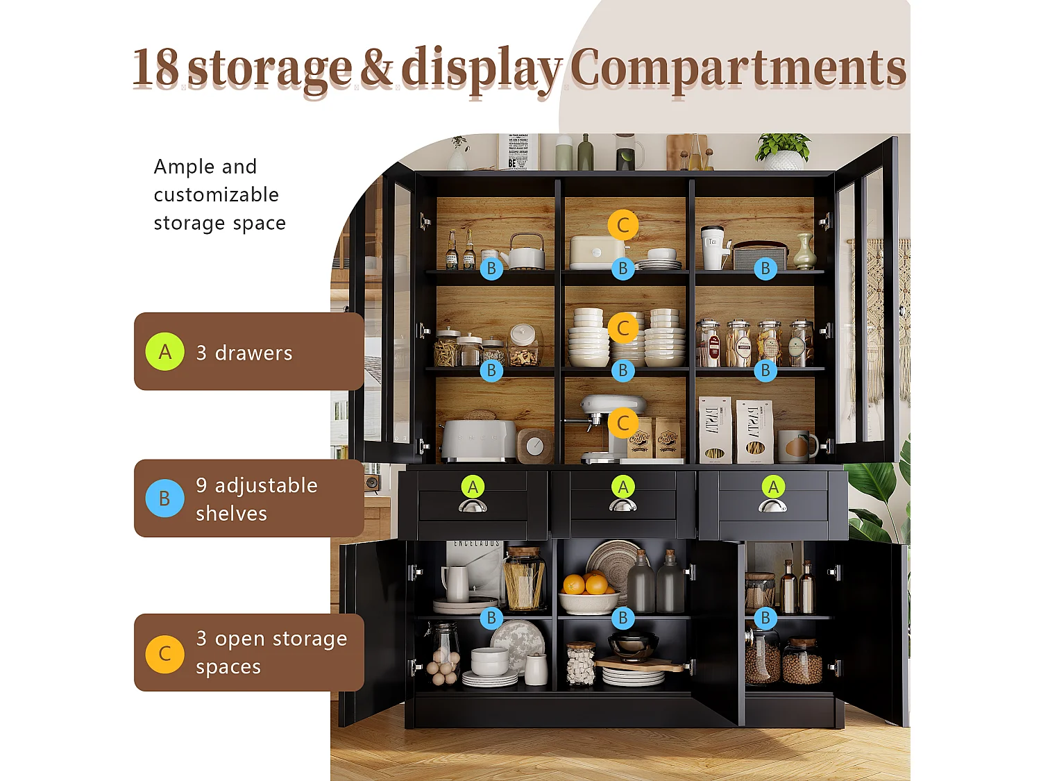Modern kitchen sideboard 140x38.5x175 cm - 5 doors + 3 drawers + 9 shelves - black