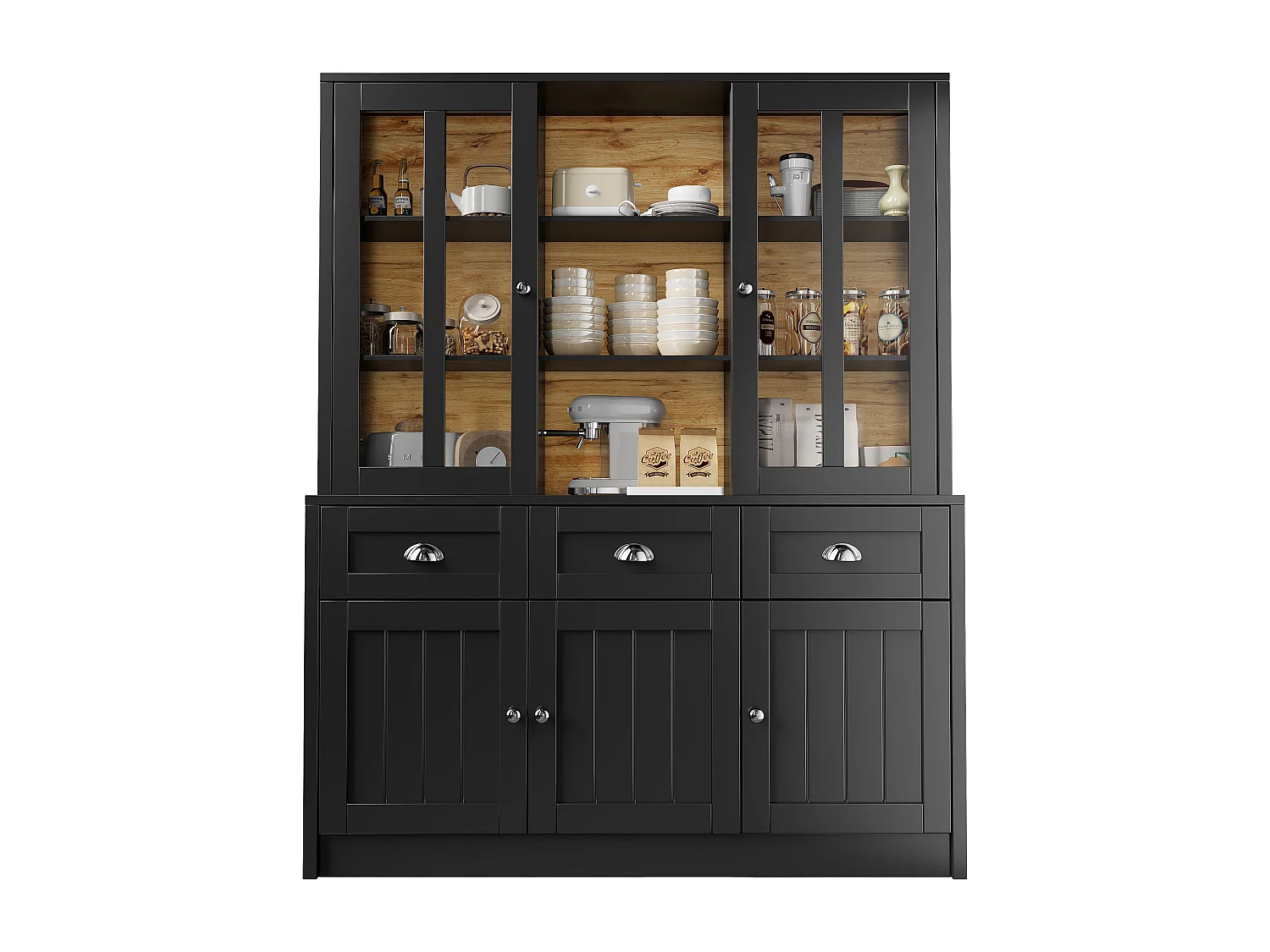 Modern kitchen sideboard 140x38.5x175 cm - 5 doors + 3 drawers + 9 shelves - black