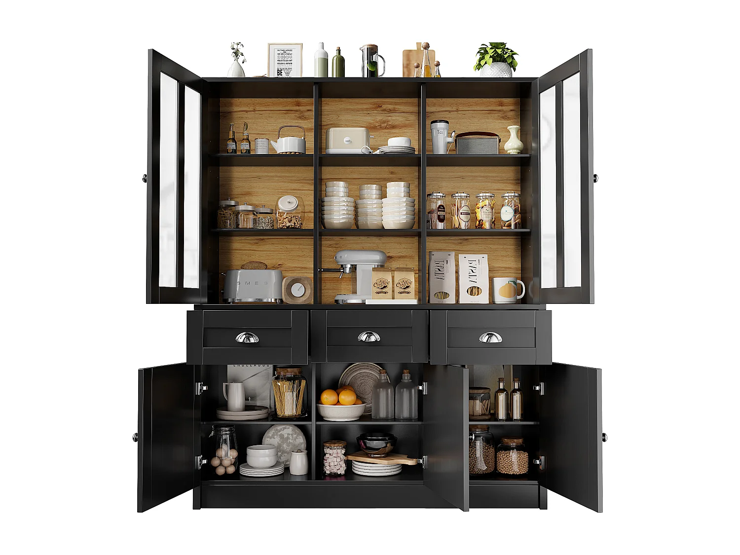 Modern kitchen sideboard 140x38.5x175 cm - 5 doors + 3 drawers + 9 shelves - black