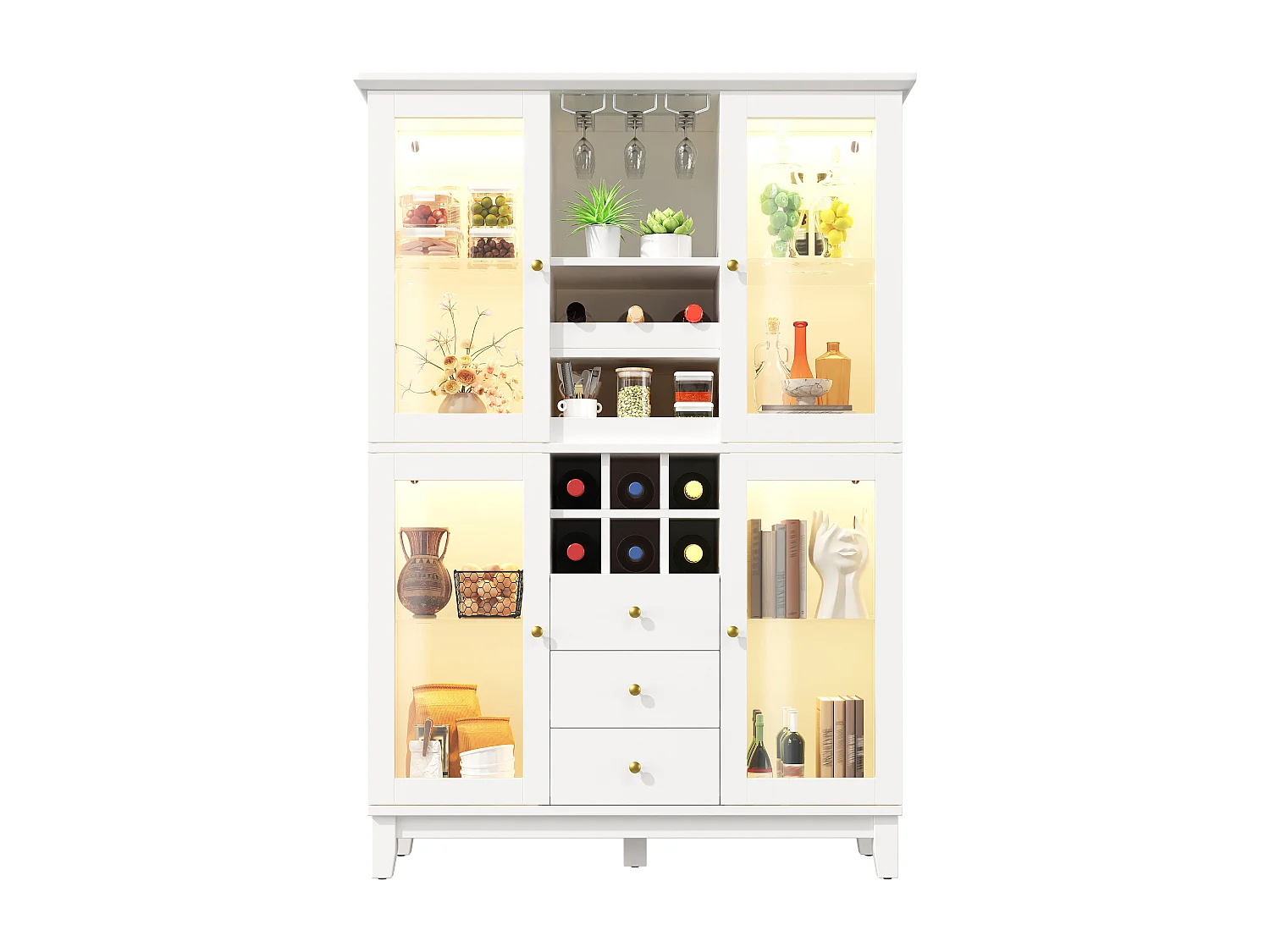 Kitchen Sideboard 120x180cm, Wine Cabinet with LED, Glass Holder, Bottle Rack and 3 Drawers - White