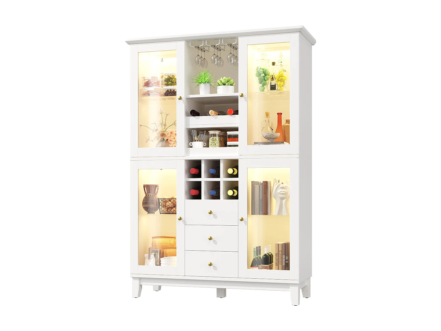 Kitchen Sideboard 120x180cm, Wine Cabinet with LED, Glass Holder, Bottle Rack and 3 Drawers - White