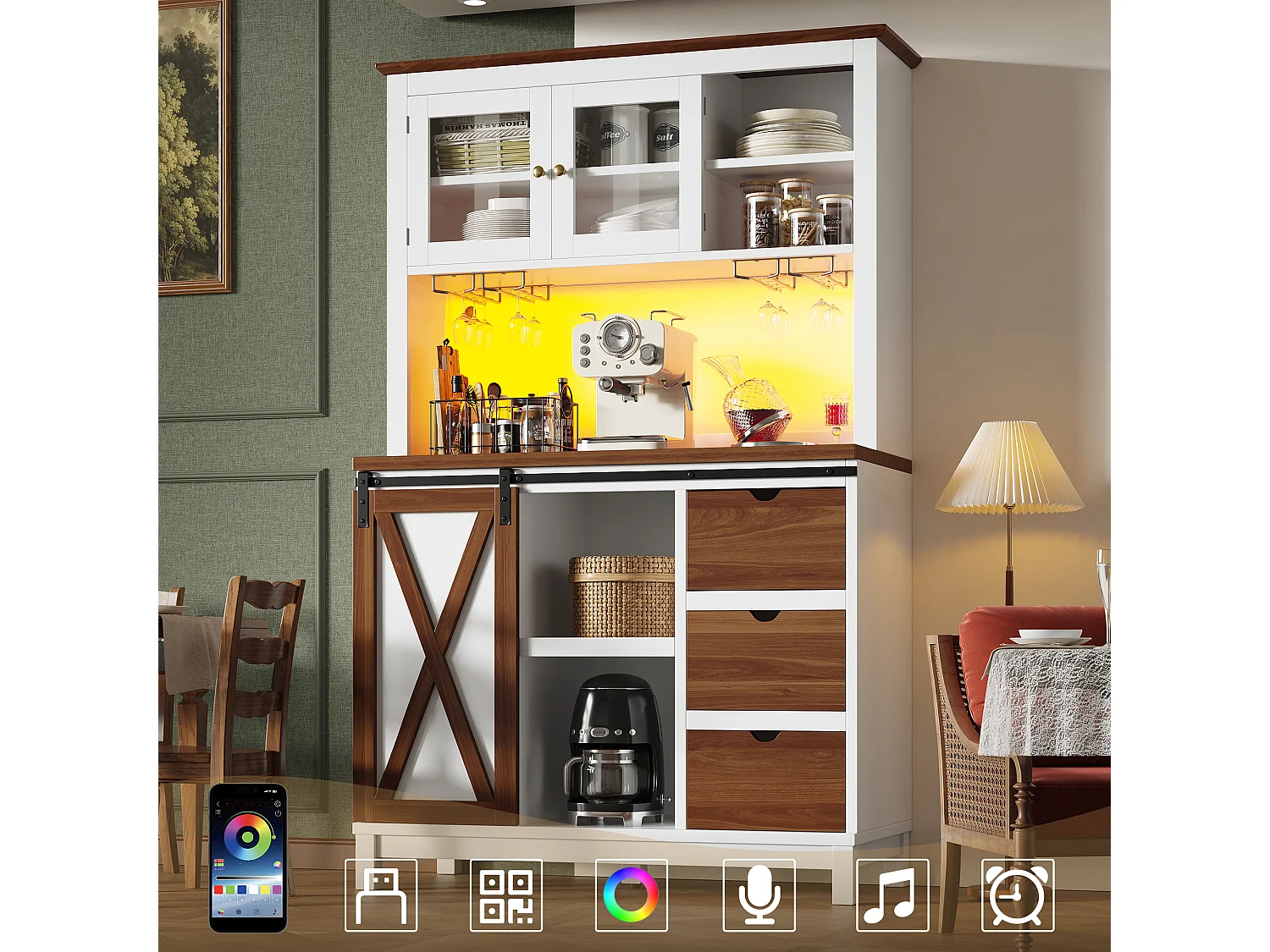 Functional Kitchen Sideboard 104x180cm with LED - Tall Cabinet with Barn-Style Sliding Door, 3 Drawers - White