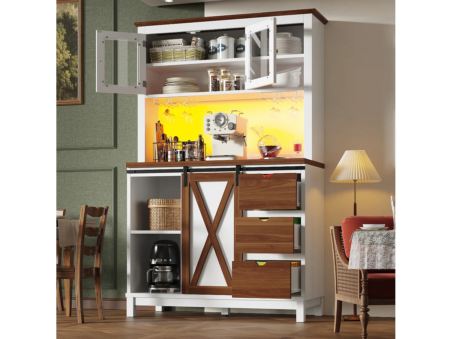 Functional Kitchen Sideboard 104x180cm with LED - Tall Cabinet with Barn-Style Sliding Door, 3 Drawers - White