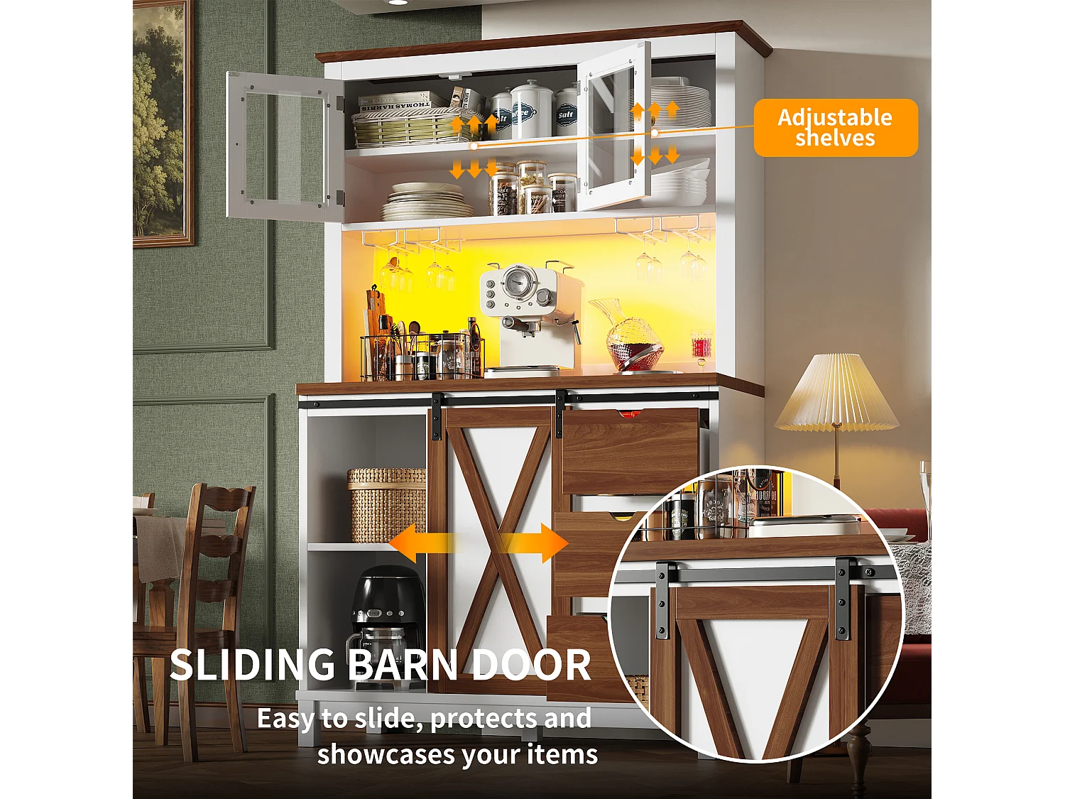 Functional Kitchen Sideboard 104x180cm with LED - Tall Cabinet with Barn-Style Sliding Door, 3 Drawers - White