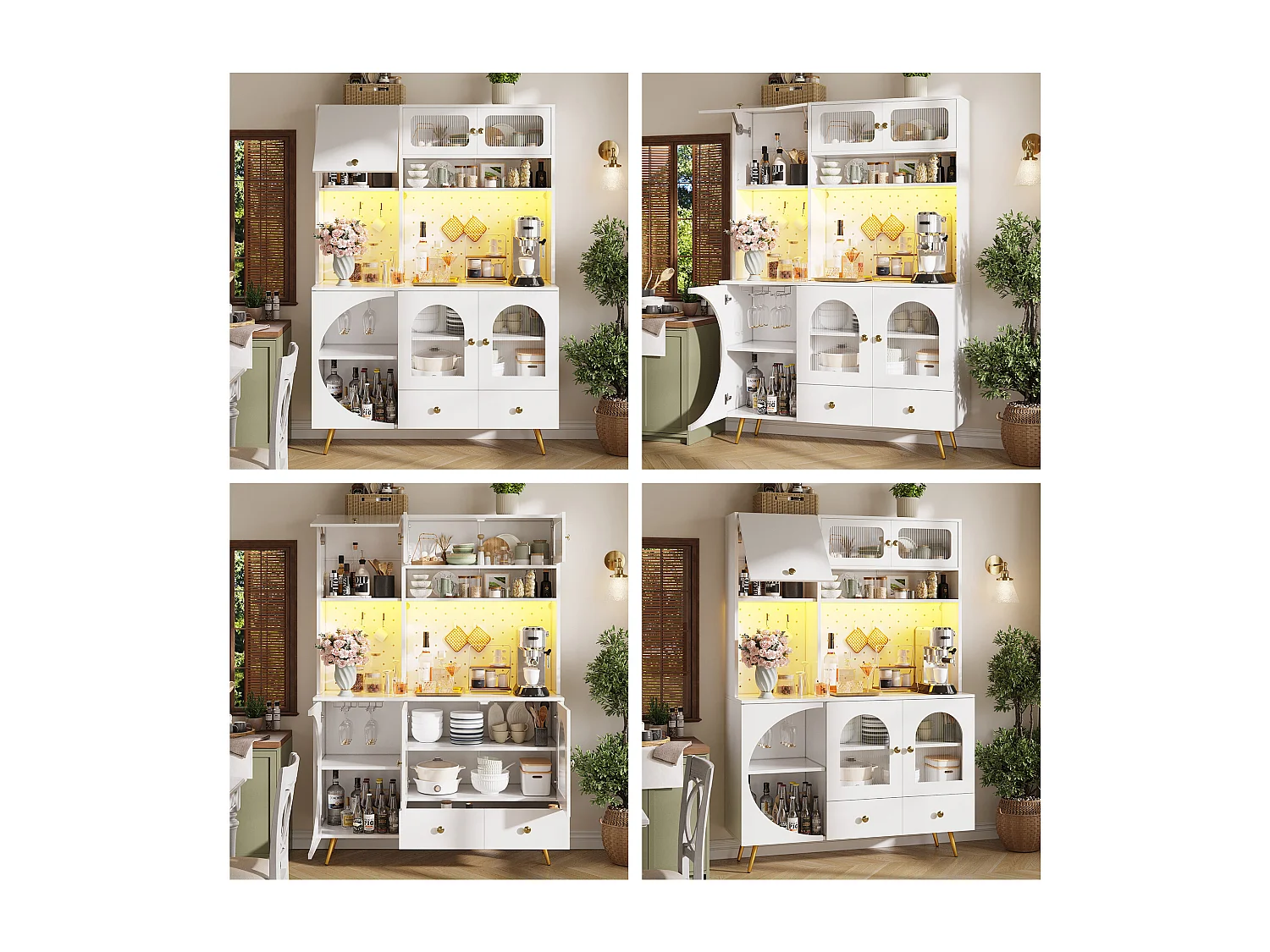 Kitchen Sideboard with USB & AC Outlets - Tall Cabinet with LED Lighting, Pegboard Panel and Wine Compartments - White