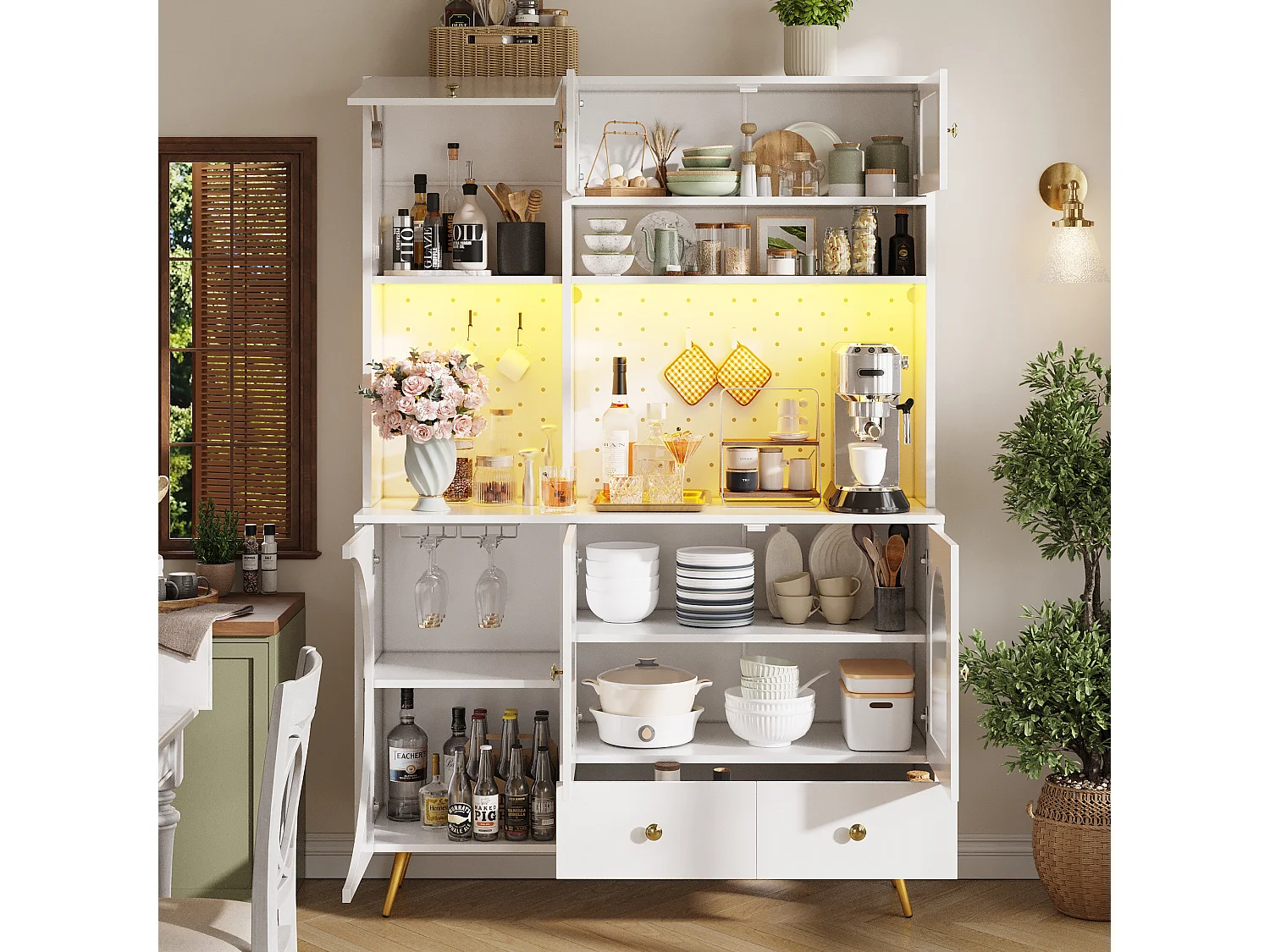 Kitchen Sideboard with USB & AC Outlets - Tall Cabinet with LED Lighting, Pegboard Panel and Wine Compartments - White