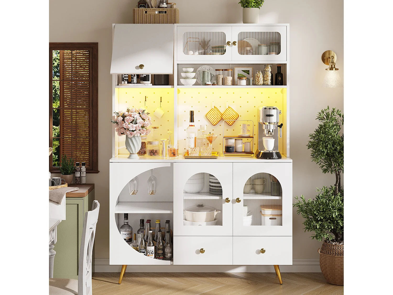 Kitchen Sideboard with USB & AC Outlets - Tall Cabinet with LED Lighting, Pegboard Panel and Wine Compartments - White