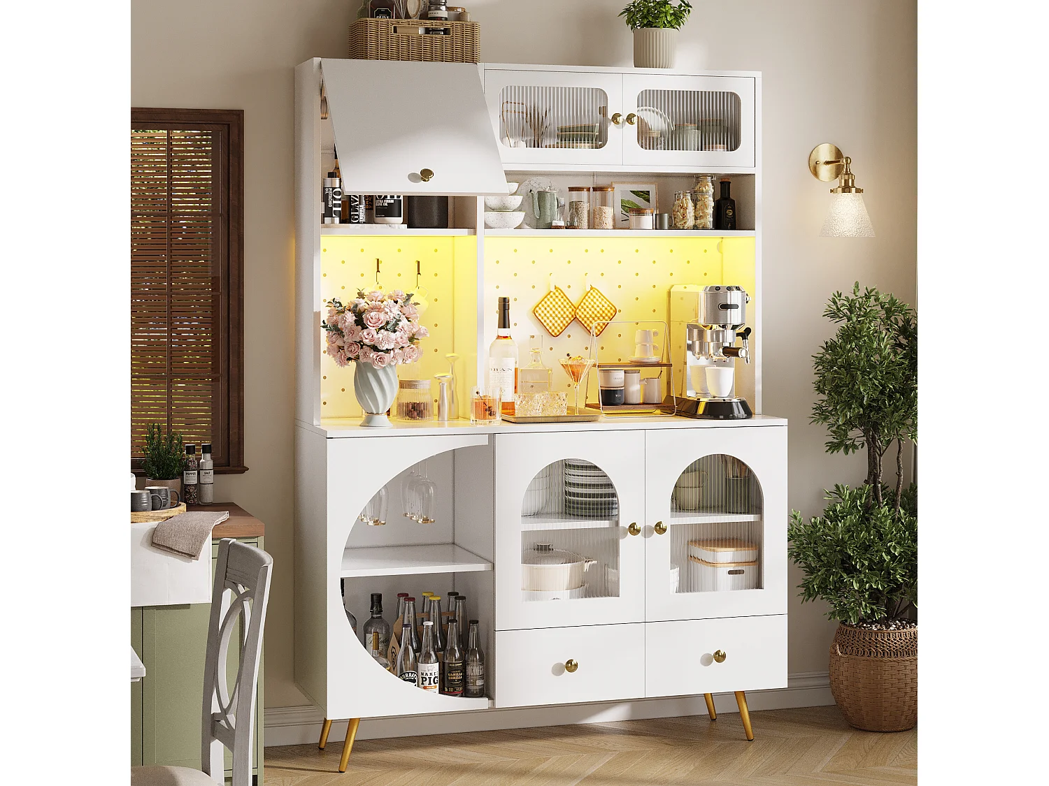 Kitchen Sideboard with USB & AC Outlets - Tall Cabinet with LED Lighting, Pegboard Panel and Wine Compartments - White