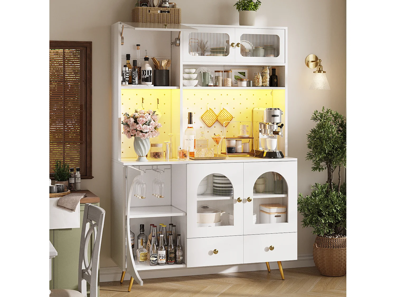 Kitchen Sideboard with USB & AC Outlets - Tall Cabinet with LED Lighting, Pegboard Panel and Wine Compartments - White